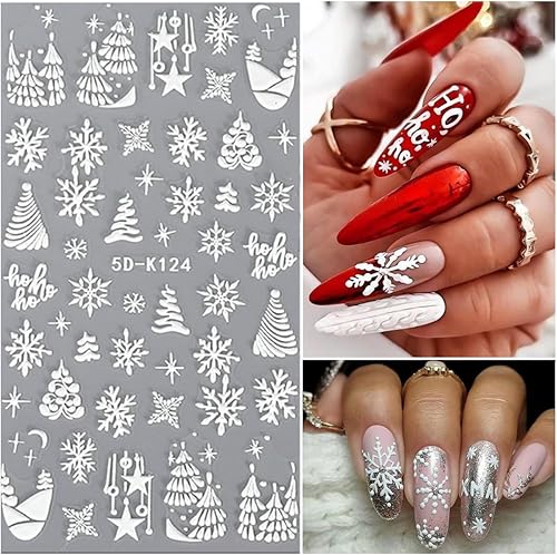Miniatura 4 de 8 hojas de calcomanías de uñas de Navidad, copos de nieve 5D en relieve, copos de nieve blancos, árbol, alce, Navidad, invierno, diseño de copos de