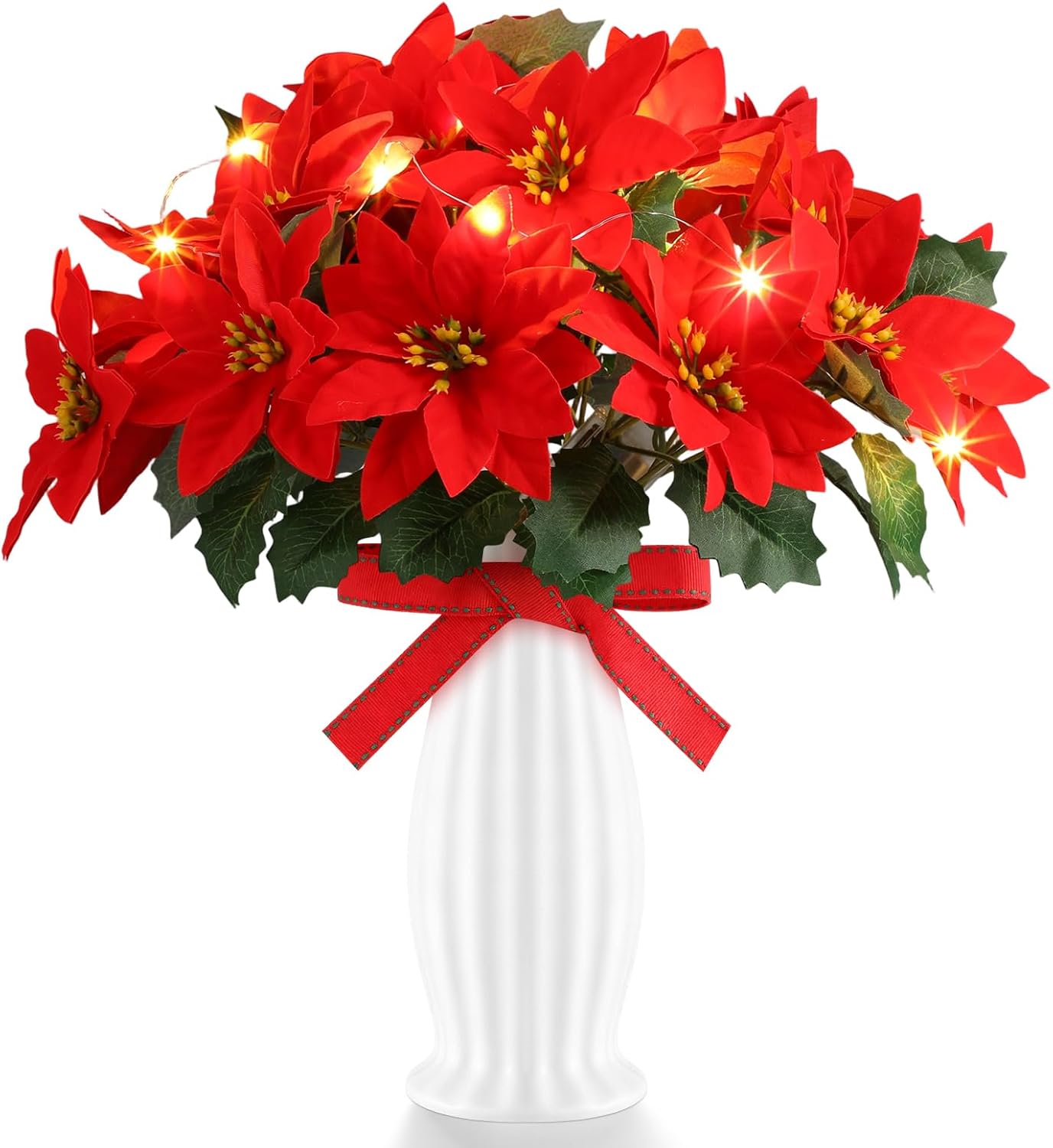 Suncalla 3 Pcs Christmas Artificial Poinsettia Flowers with Vase and LED Light Set 17” Faux Red Silk 7 Heads Poinsettia Bushes Floral Bouquet Arrangement for Xmas Holiday Centerpiece Home Decor