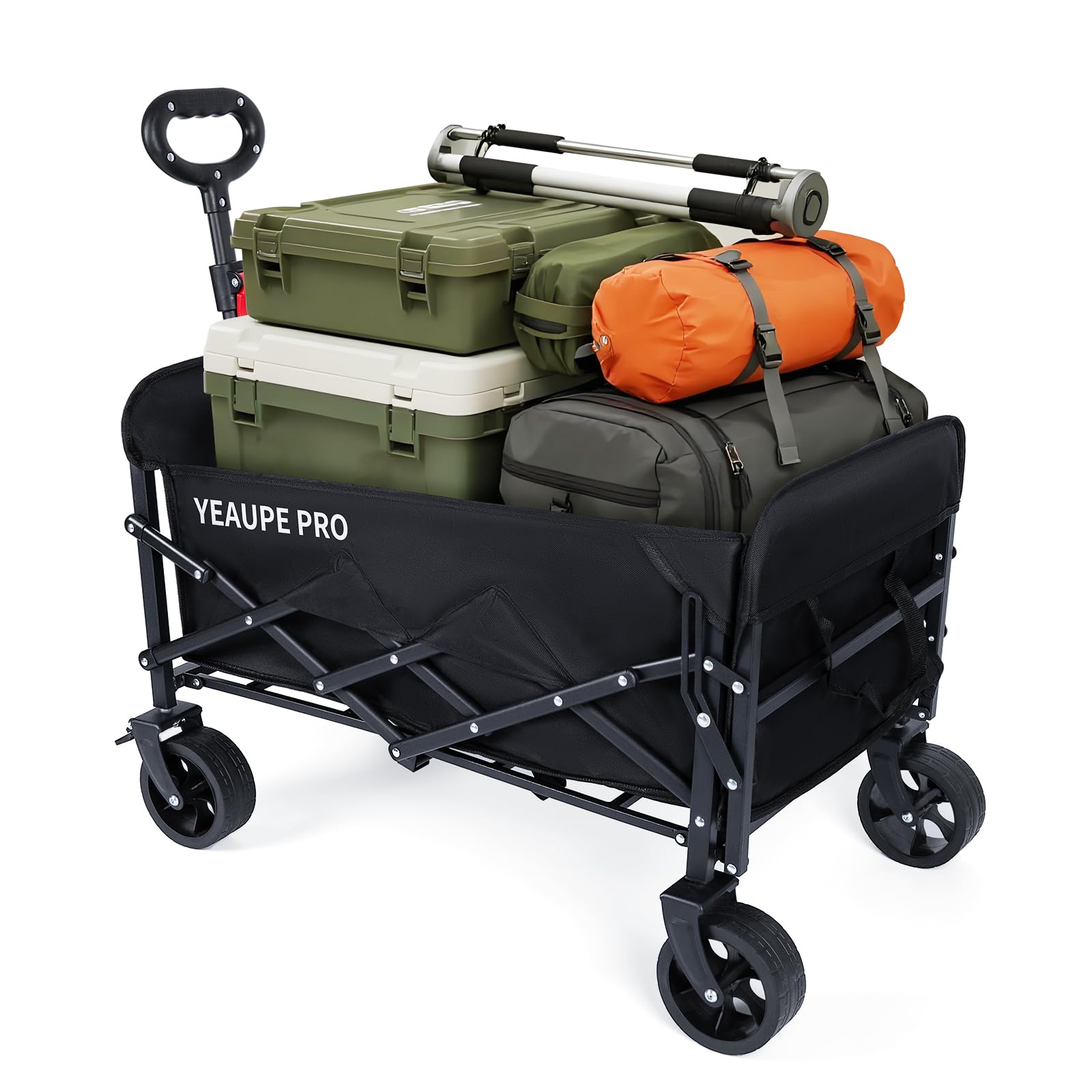 YEAUPE PRO Chariot de Plage Pliable Capacité Max. 125L 100KG, Chariot de Transport à roulettes Tout Terrain Poignée Réglable Charrette pour Extérieur Camping Pique, avec Poche intérieure