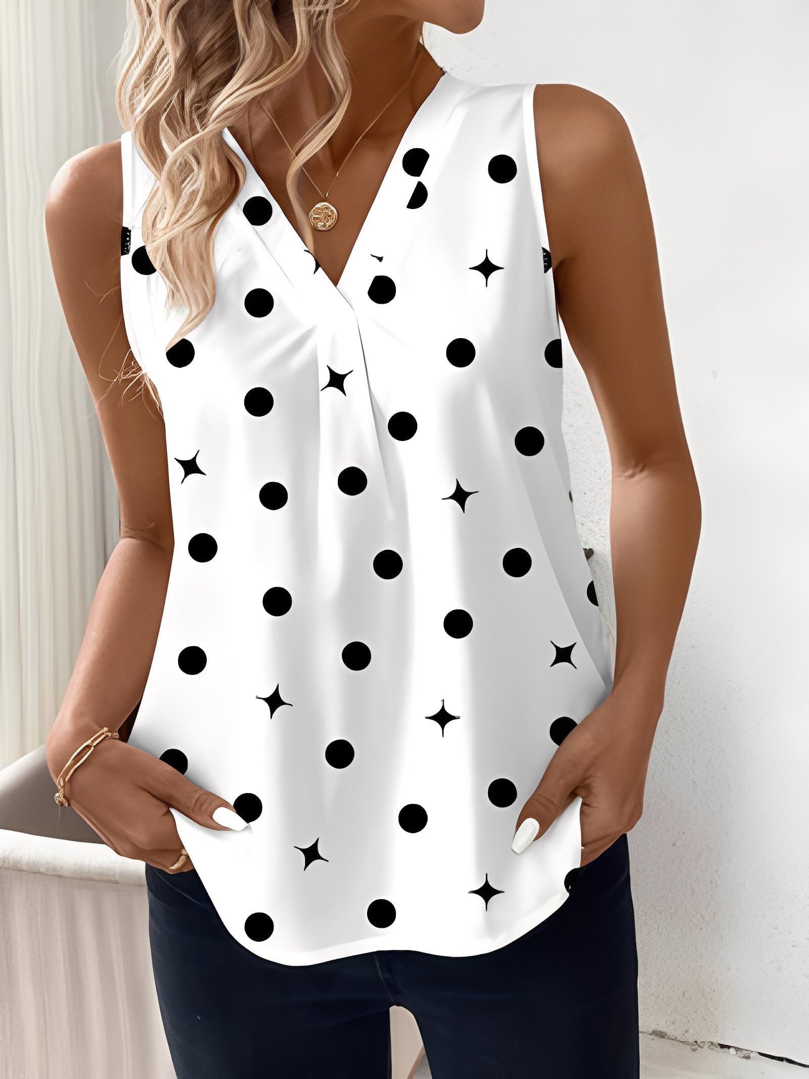 Women's Casual Polka Dots Tank Tops Summer V Neck Sleeveless Tunic Shirts Blouse, and Breathable.
