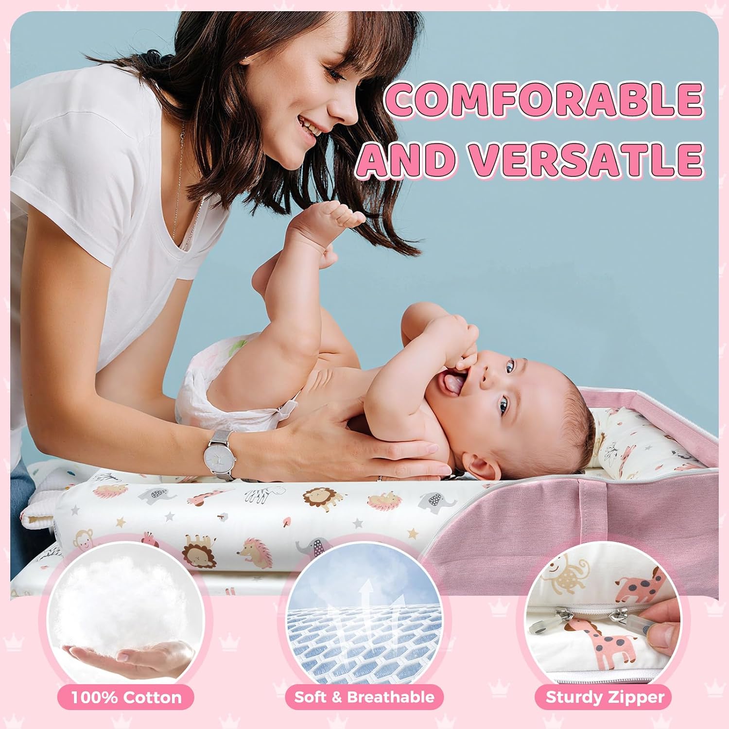 Baby Lounger for Newborn 0-24 Months, Portable Infant Lounger with Soft Breathable Cotton, Adjustable Size Lengthen Space Lightweight & Washable Essentials for Home (2. Pink Animal World)