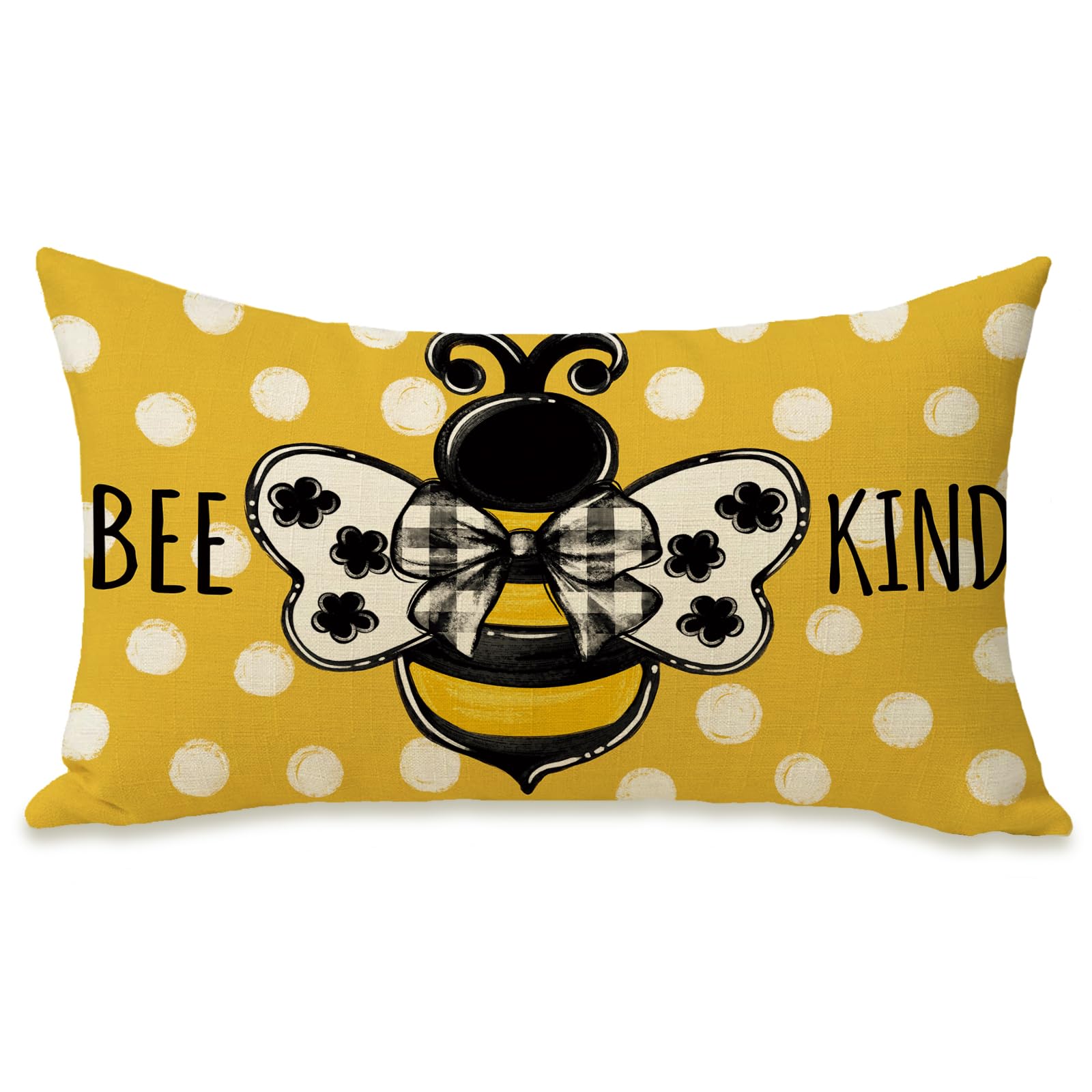 Fahrendom Spring Honey Bee Kind Lumbar Decorative Rectangle Pillow Cover 12 x 20, Summer Bumble Bee Yellow Porch Patio Outdoor Pillowcase, Polka Dots Seasonal Sofa Couch Cushion Case Home Decor