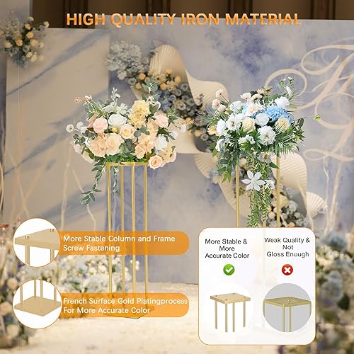 Miniatura 29 de VINCIGANT 2 soportes dorados de flores de boda de 23.6 pulgadas para decoración de boda, soporte de flores de columna de metal, estante rectangular