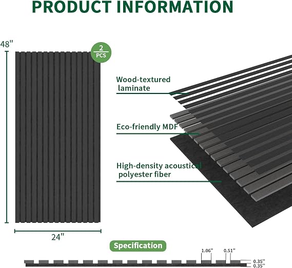 Wood Slat Acoustic Panels, 2 Pack 48 x 24(16ft2) Wood Wall Panels, Soundproof Wood Slat Panel, 3D Fluted Sound Absorbing Paneling for Wall Decor, Living Room, Bedroom, Black