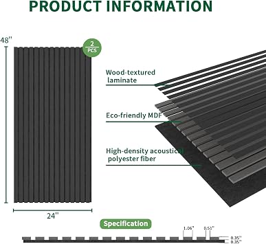 Wood Slat Acoustic Panels, 2 Pack 48 x 24(16ft2) Wood Wall Panels, Soundproof Wood Slat Panel, 3D Fluted Sound Absorbing Paneling for Wall Decor, Living Room, Bedroom, Black