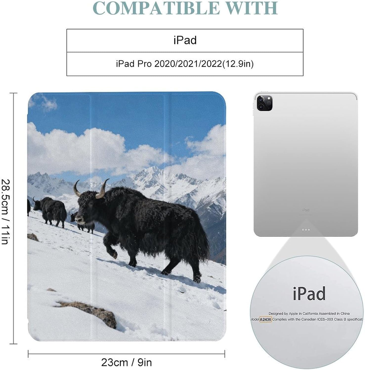 Snowy Yak Herd 12.9 in Trifold for iPad Case with Pencil Holder image 2