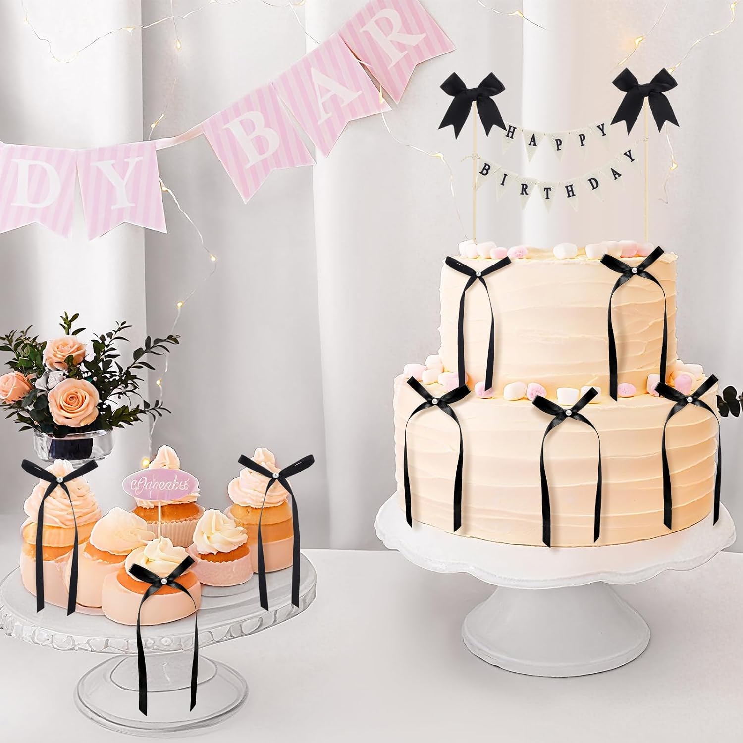 Honeydak 11 Pcs Black Bow Ribbon Cake Topper Happy Birthday Cake Bunting Topper with Wood Pole Handmade Pennant Flags with Bows Ribbon for Birthday, Bridal Party Decoration
