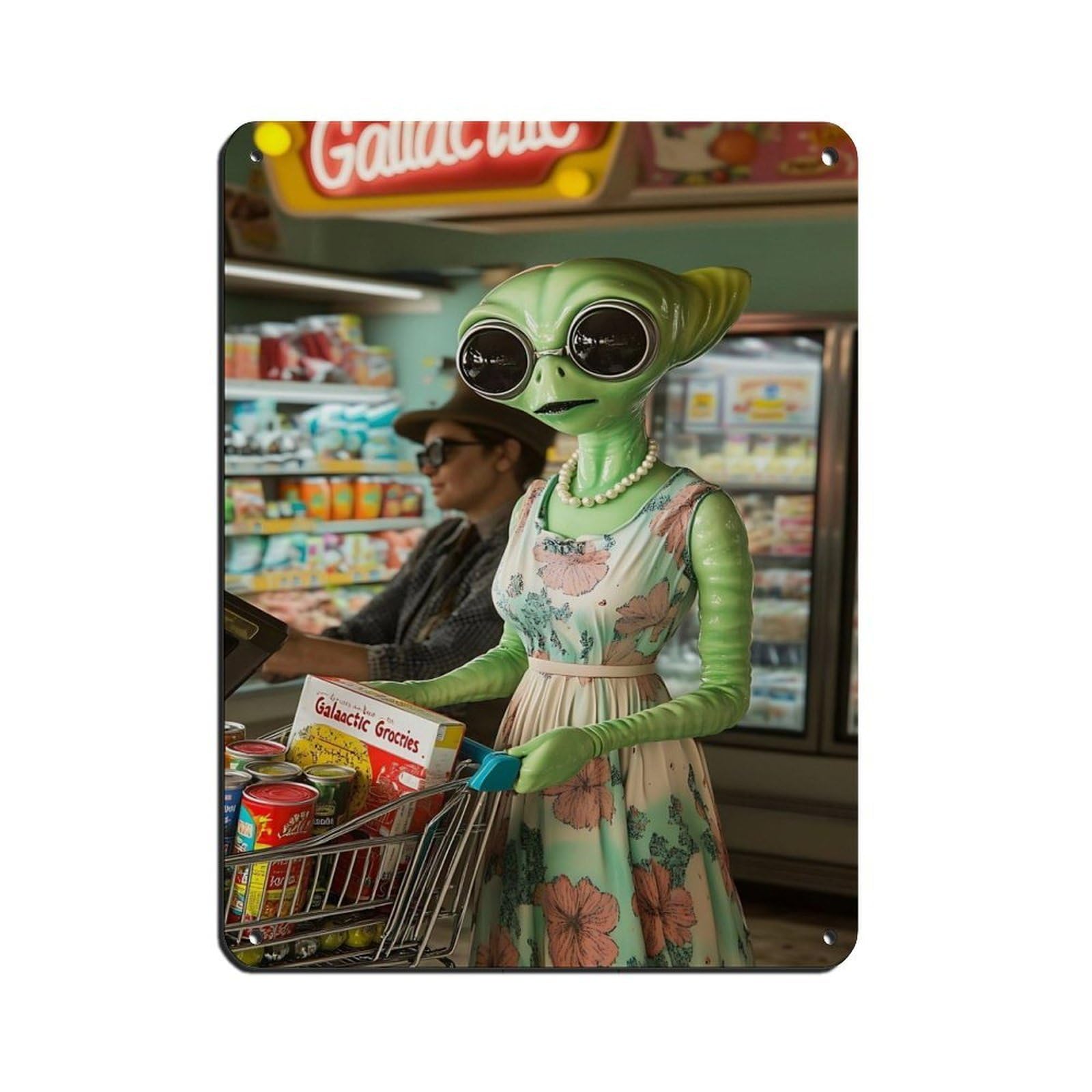 Lxwnze 30L X 40W Cm Alien Grocery Shopping,Retro Sci-Fi Home Tin Sign Vintage Metal Pub Club Cafe Bar Home Wall Art Decoration Poster Retro 12X16inch(30X40cm)