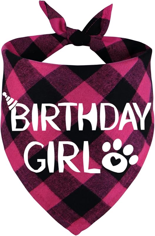 Bandana Xadrez Rosa para Cachorra STMK com Estampa Birthday Girl (Grande)