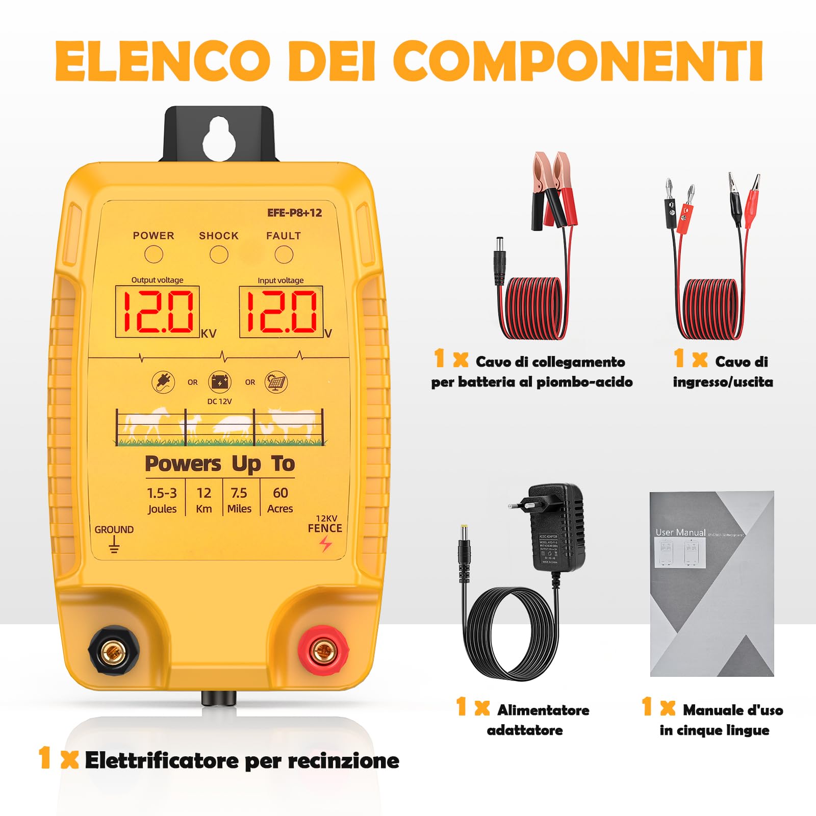 12KM Elettrificatore per Recinzione Elettrica, 12 kV 3,0 J Tensione di Uscita Recinto Elettrico per Animali con Schermo LCD, Protezione per Cavalli, Pecore, Giardini, Pascoli e Fattorie (Arancione)