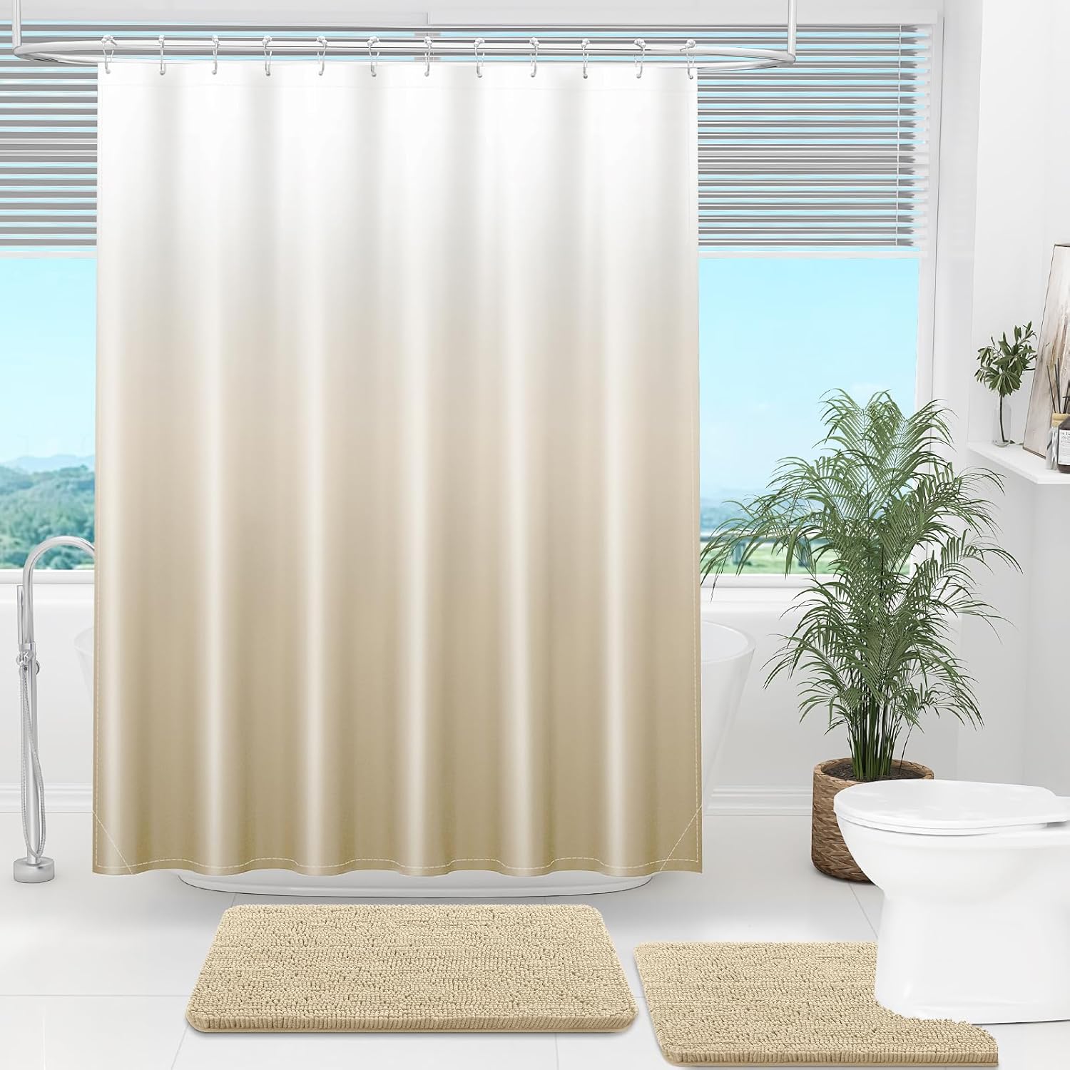 OLANLY Chenille Bath Rug and Shower Curtain, Bath Rug Size 30x20 in Beige and Shower Curtain 72x72 in Light Beige, 2 Item Bundle
