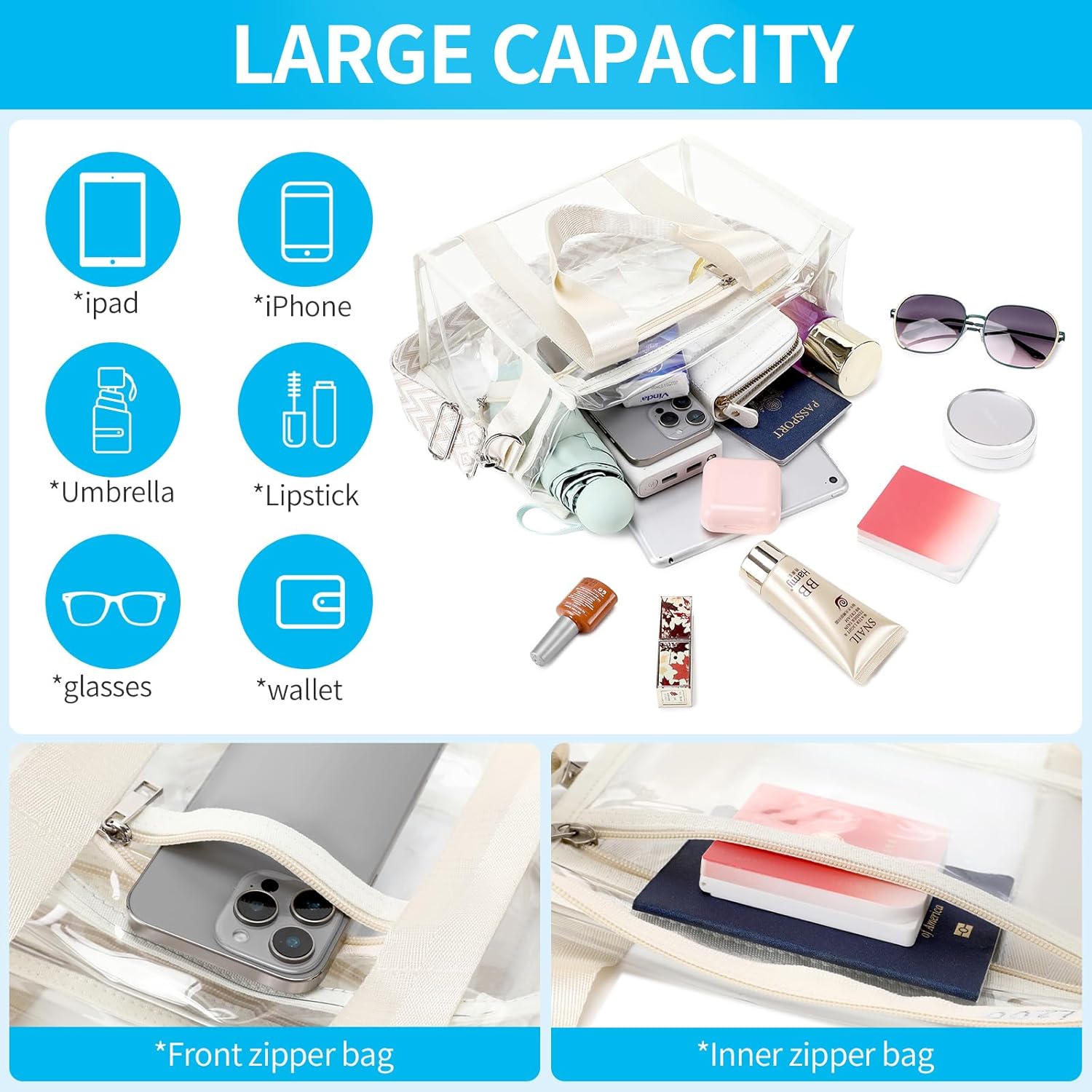 Clear Bag for Stadium Events,Large Clear Tote Bag with Outer and Inner Zip Bag for Sport Events, Concerts, Work, Beach - Image 3