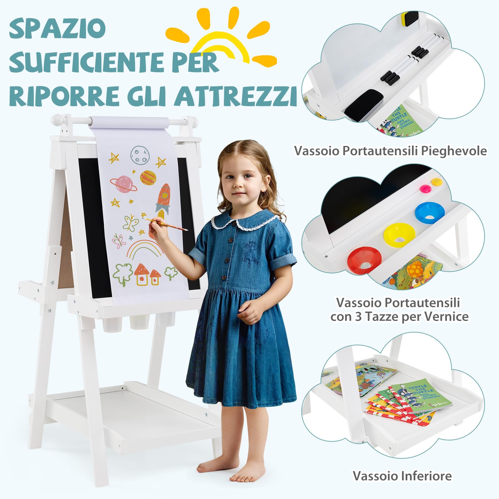RELAX4LIFE 3 in 1 Cavalletto per Bambini Pieghevole in Legno, Altezza Regolabile, Lavagna Magnetica con Lavagna Bifacciale, con Rotolo di Carta, Vassoio e Accessori, 3+ Anni, 55x66x106-126cm (Bianco)