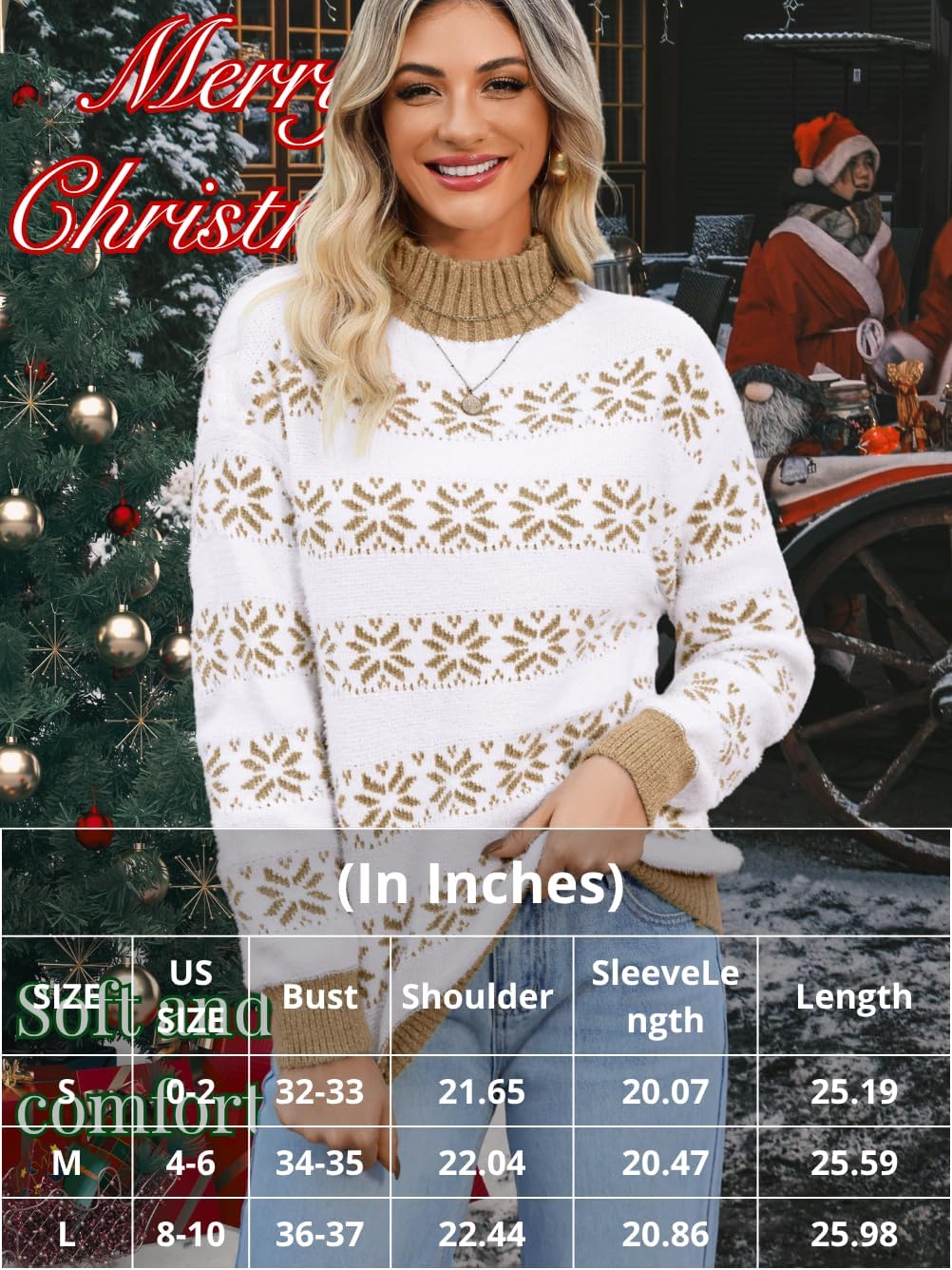 Women's Fuzzy Snowflake Sweater, Mock-Neck Long Sleeve Loose Pullover, Winter Warm Knit Top for Casual & Holiday - Image 6