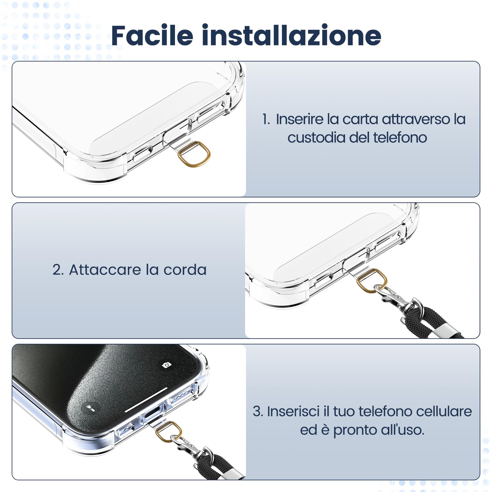 caslord Cordino per Cellulare*1, Trasparente Patch Universali*2, Adatto a Tutti Gli Smartphone, Cinturino per Cellulare Abbinabile a Qualsiasi Custodia, Regolabile e Rimovibile - Nero