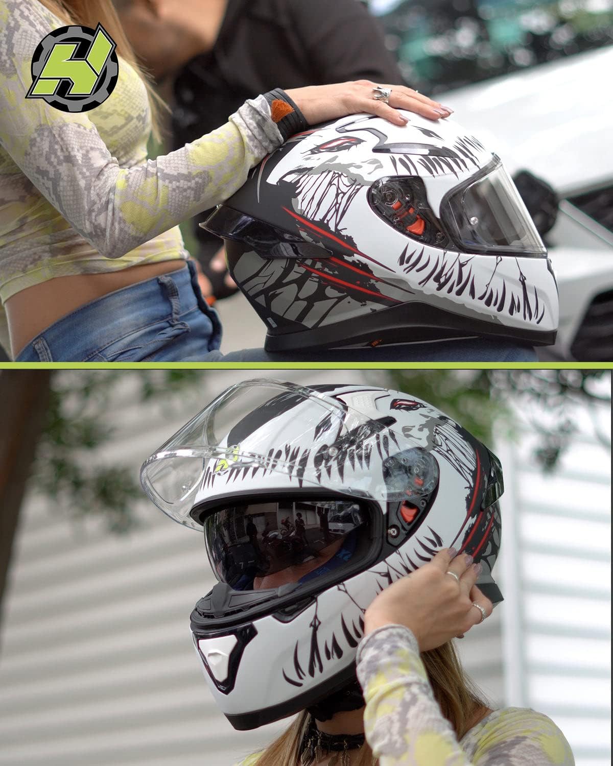 HAX Full Face Motorcycle Helmet with Dual Rear Wing, DOT Approved Motorbike Street Bike Helmet with Pinlock Ready Plastic Nails for Adult