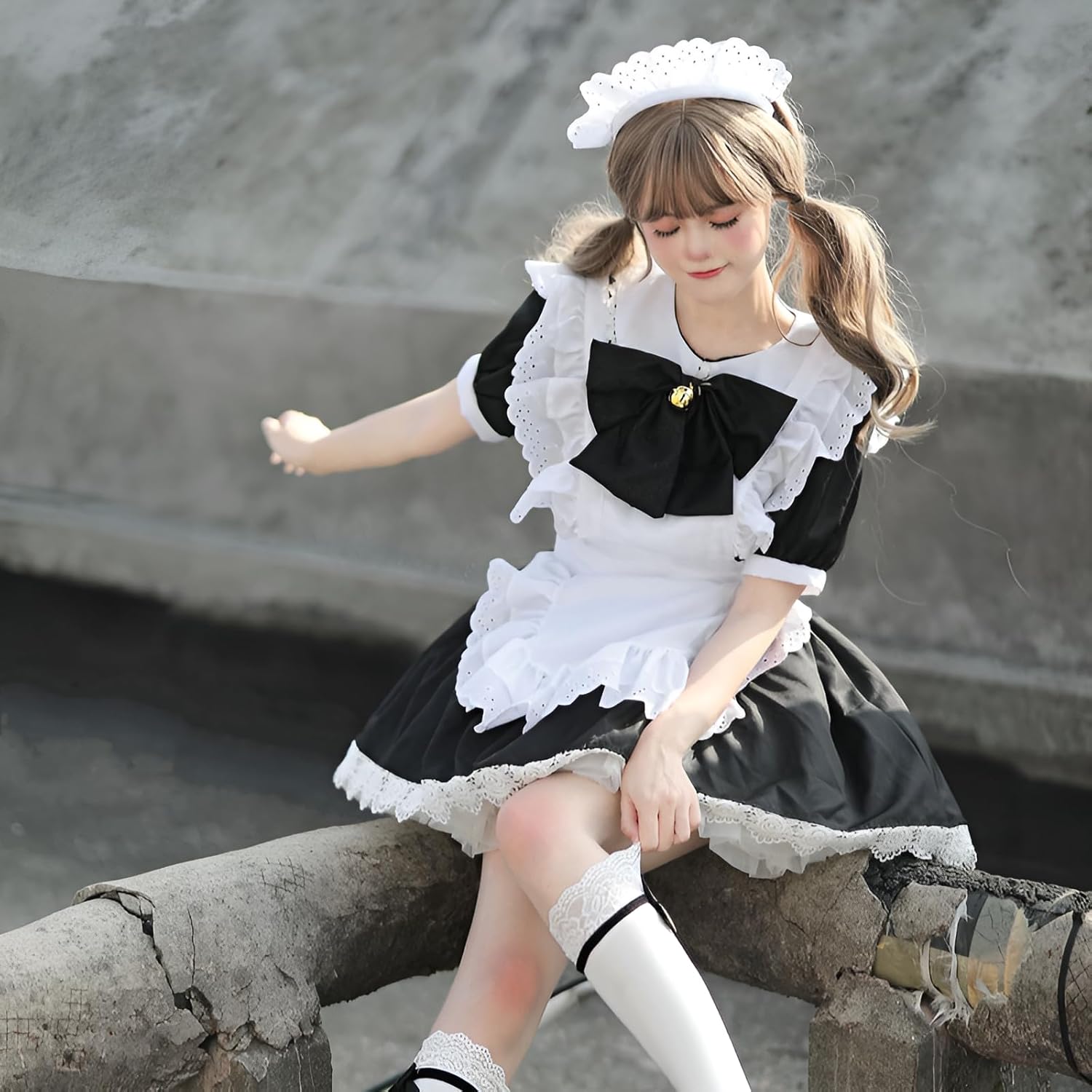 [Luvian] メイド服 プレ ゴシックロリータ風 8サイズ対応 ハロ/日常兼用 綿混素材 リボンデザイン メイド服 大きいサイズ