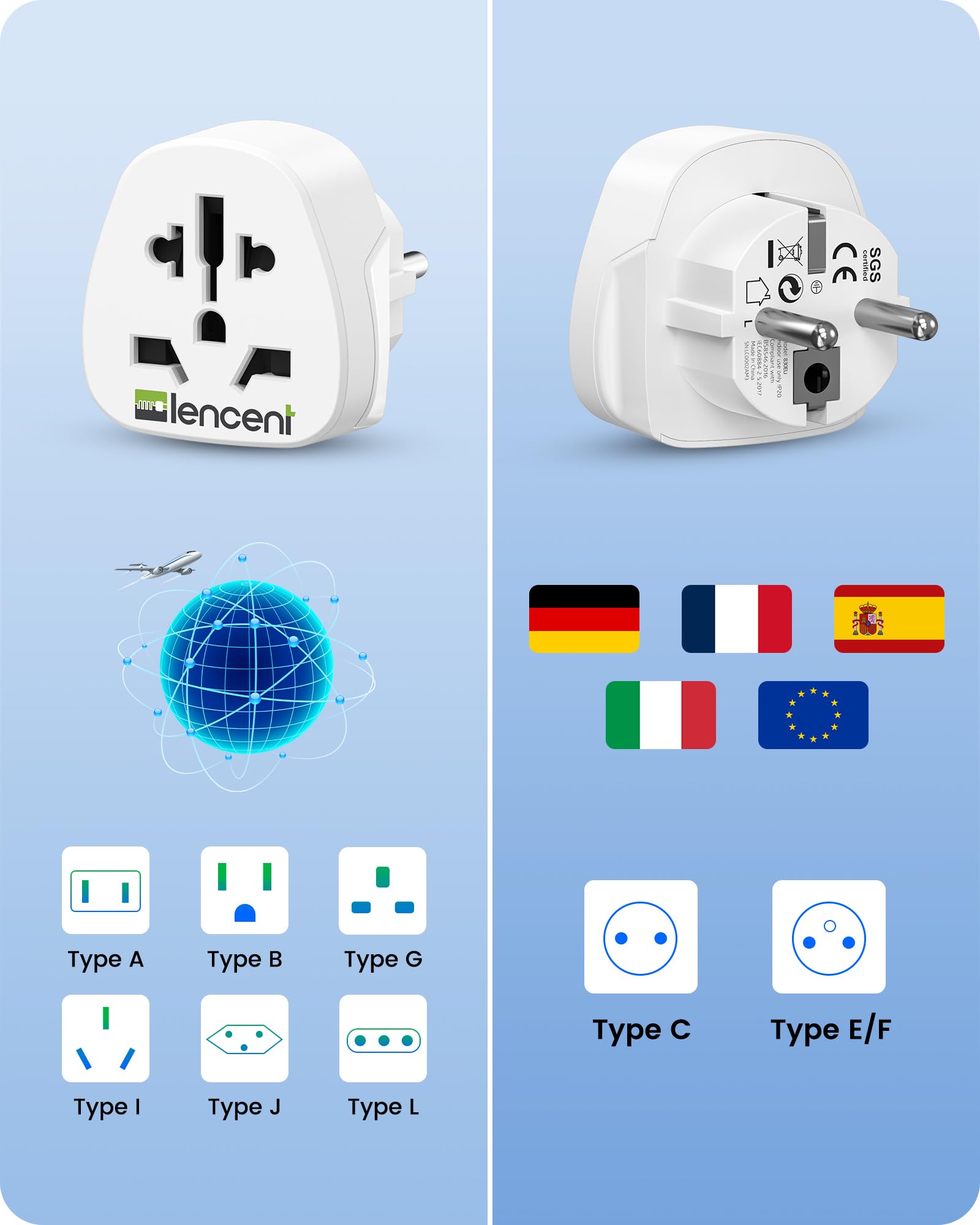 LENCENT 2X Adaptateur Universel vers France FR pour la Connexion d'appareils étrangers, par ex. UK Anglaise Angleterre, USA Americaine, Chine, Australie, Japon, Italie, Suisse etc.