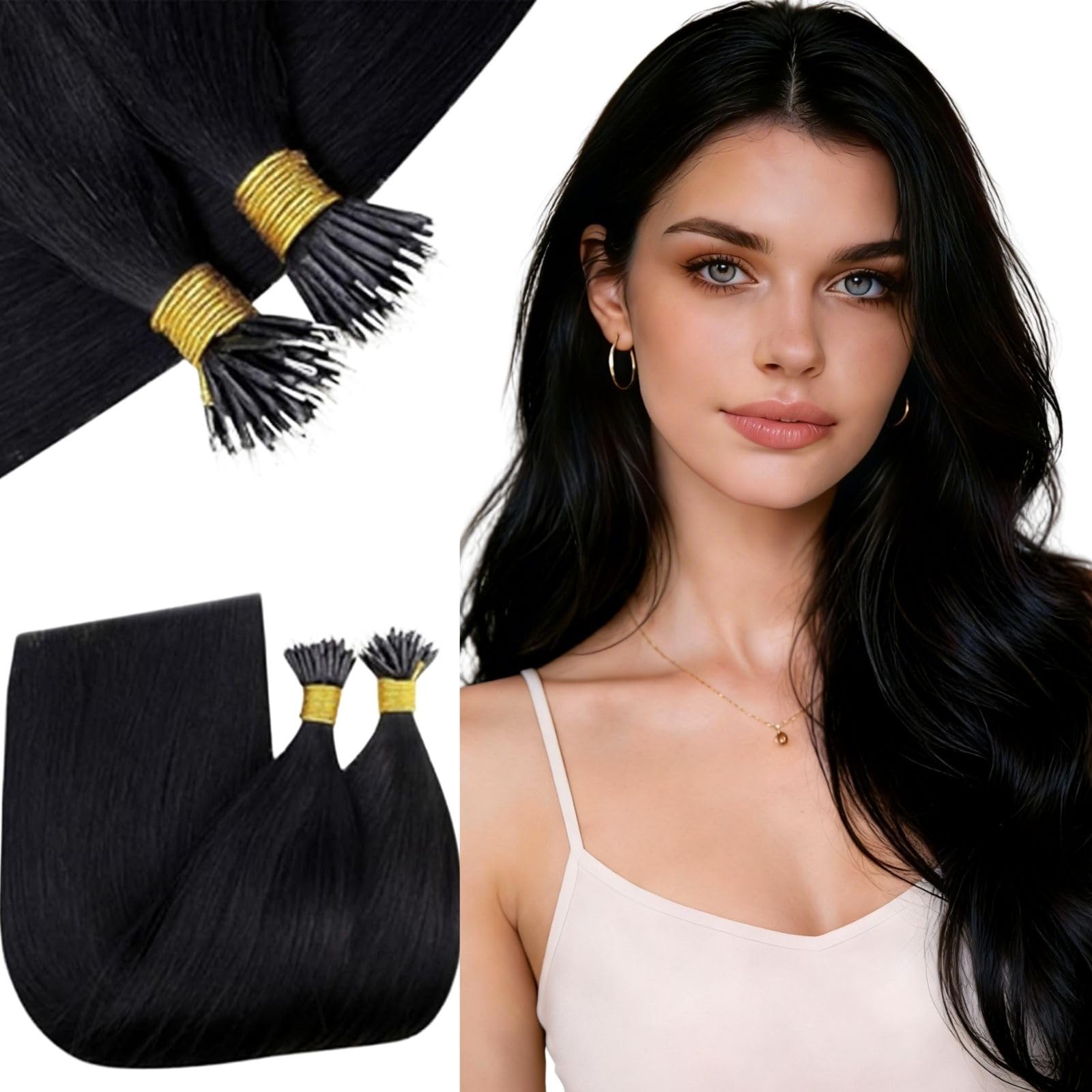 RUNATURE Nano Bead Hair Extensions Human Hair Jet Black Nano Ring Hair Extensions 16 Inch Nano Extension Human Hair Straight Black Hair for Women 50g