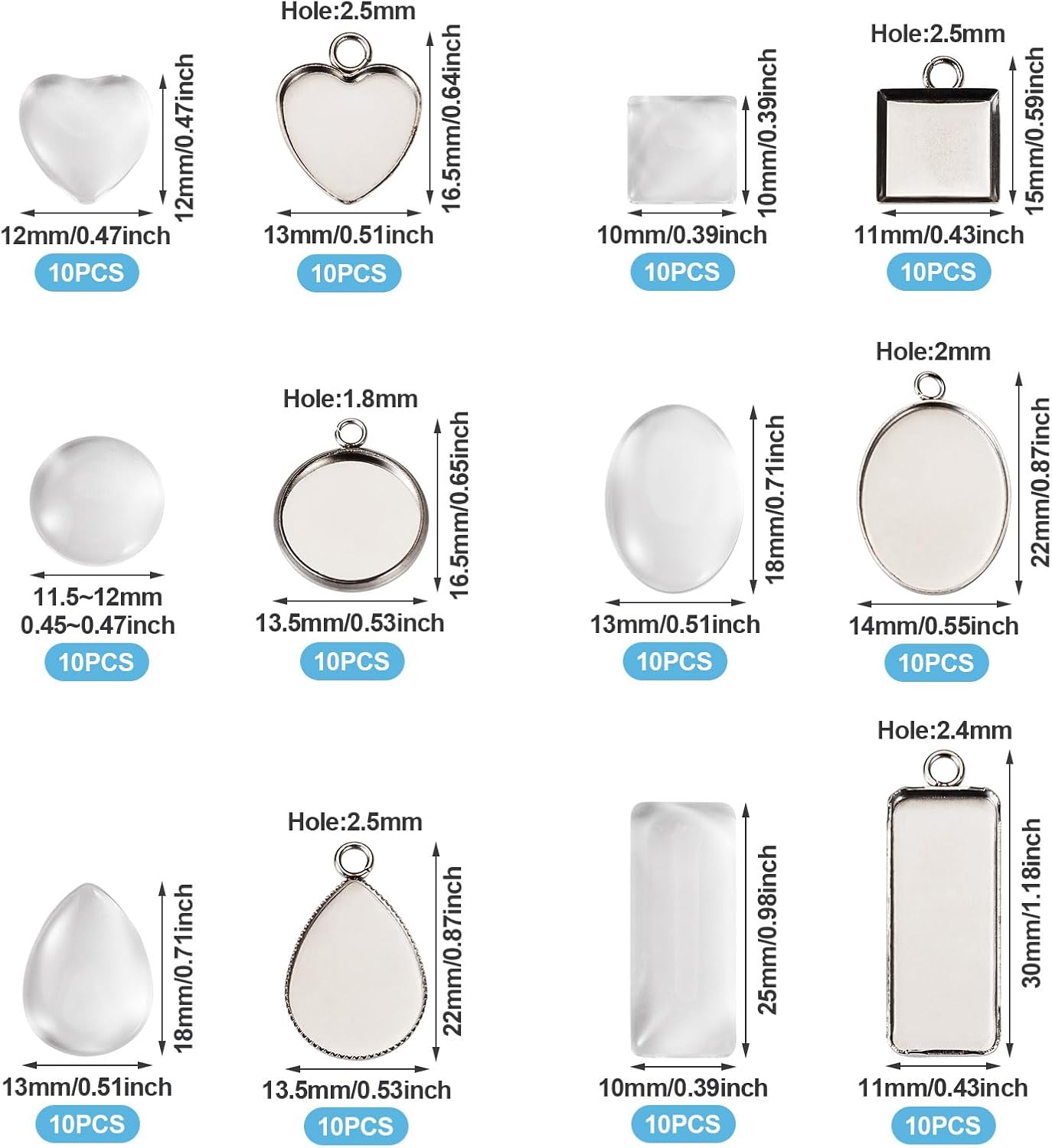Craftdady Stainless Steel Pendant Cabochon Settings Heart Square Teardrop Flat Round Oval Rectangle Blank Bezel Trays Base Pendant with Glass Cabochons for DIY Earrings Necklace Jewelry - Image 2