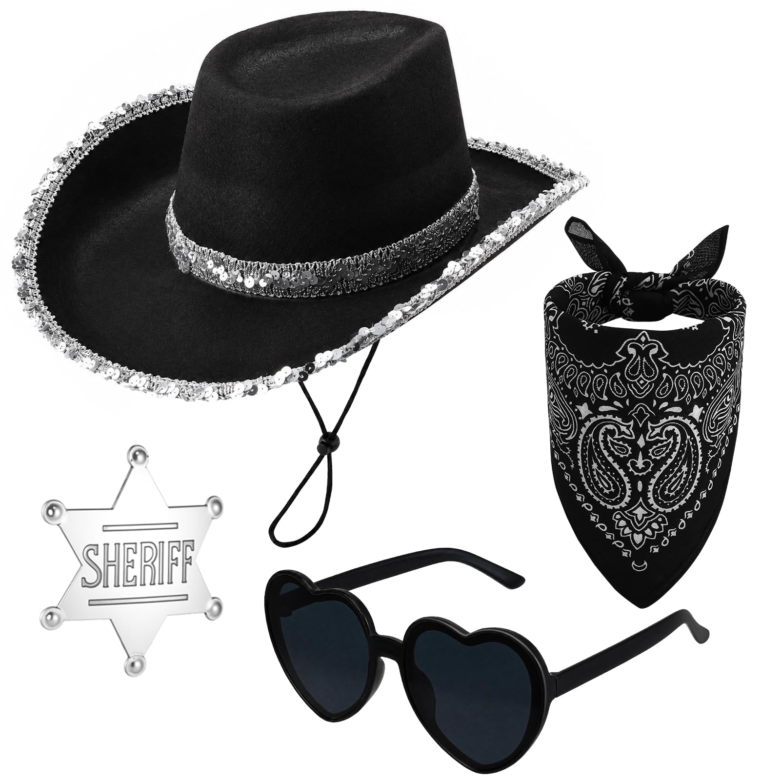 4 Pcs Cowboy Hat Fancy Dress Accessory, Unisex Cowboy Cowgirl Costume Set with Western Bandanna Glasses and Badge, Texan Costume Accessories for Adult Women Men Halloween Party Cosplay- Black