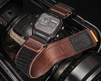 Quick Release 18mm Military Wide Military Leather Watch Band for Casio G-Shock AE/F/W Series (AE-1200, F-91W, W-735H, DW-H5600), Hook and Loop Strap