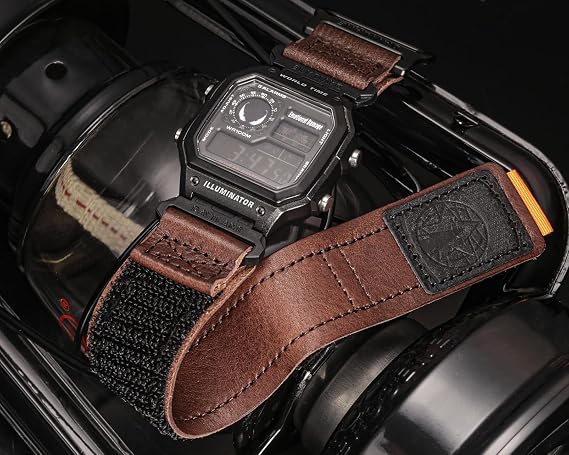 Quick Release 18mm Military Wide Military Leather Watch Band for Casio G-Shock AE/F/W Series (AE-1200, F-91W, W-735H, DW-H5600), Hook and Loop Strap