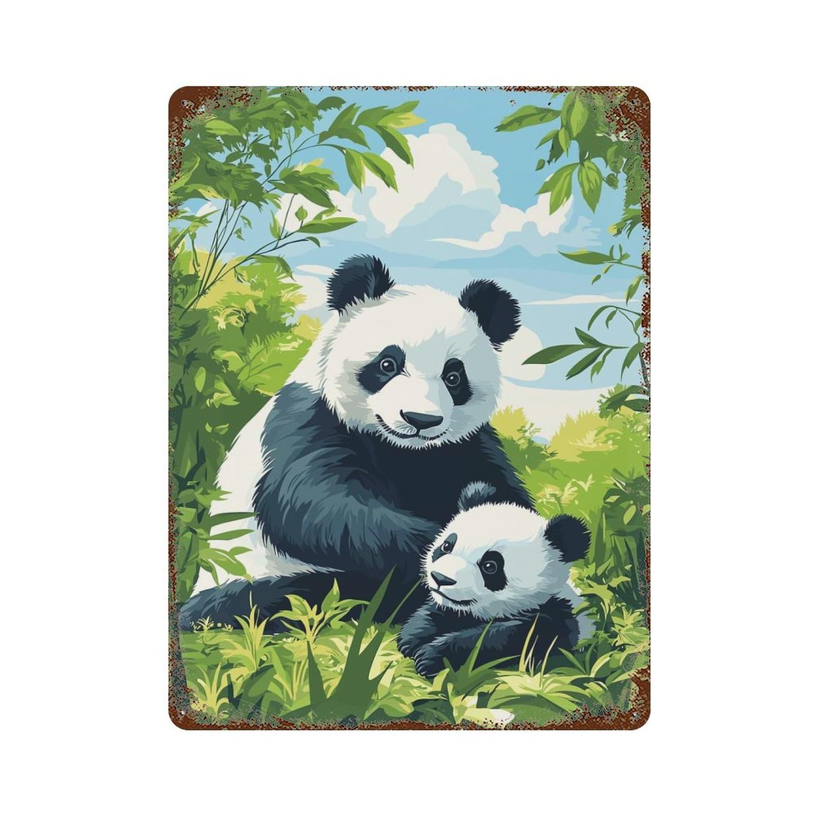 Panda Family in Nature Vintage Metal Tin Sign 15.7"x11.8", for Garage, Bar And Workshop Decor, Novelty Wall Decor