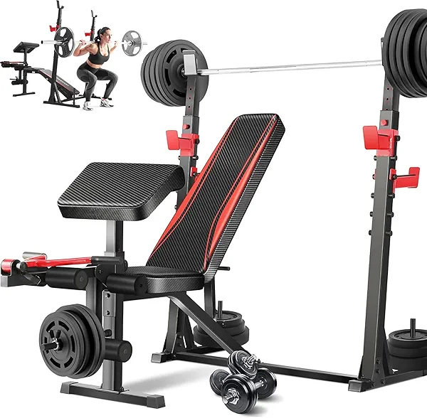 Aceshin Olympic Weight Bench, 900 LBS Adjustable Weight Bench and Squat Rack, Bench Press Set with Leg Extension, Preacher Curl Pad, Workout Bench for Home Gym