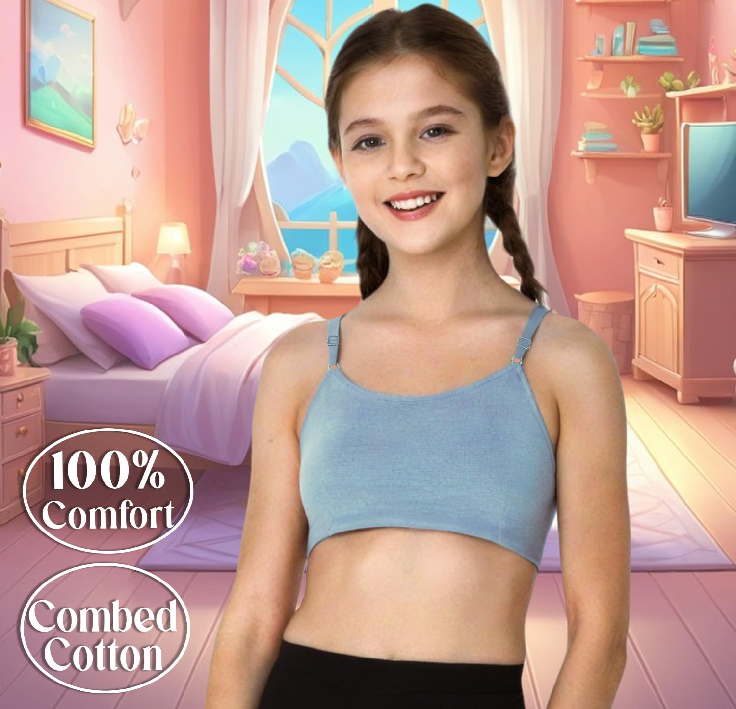 Dressably Girls Cotton Blend Pack of 4 Solid Beginner Bras : Half Slips & Camisoles (Age, 9 Years, 10 Years, Regular, Black, White,Skin & Grey) - Image 7 thumbnail