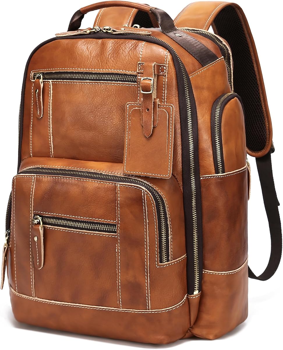 Vintage Genuine Leather Backpack for Men, 15.6" Laptop Backpack Camping Travel 24L Rucksack