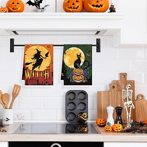 Miniatura 4 de Toallas de cocina de Halloween, juego de 4 paños de té de mano con diseño de calabaza y gato negro, espeluznante Halloween, cocina, baño,