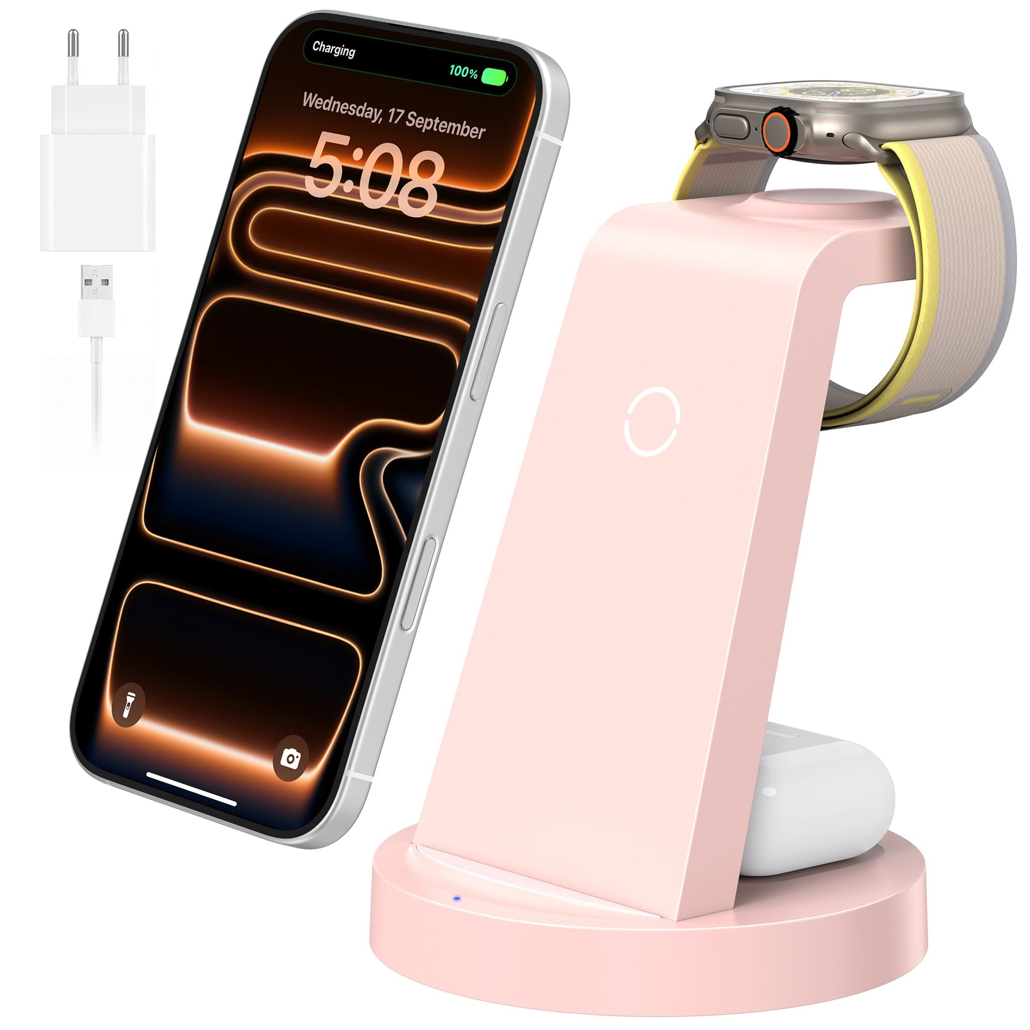 3 in 1 für iPhone Ladestation Schnelles Kabelloses Ladegerät - Wireless Charger für iPhone 17 Air 16e 16 15 14 13 12 11 X Pro Max & für Apple Watch und für Air Pods 4 3 2 Pro mit 18W Adapter (Rosa)
