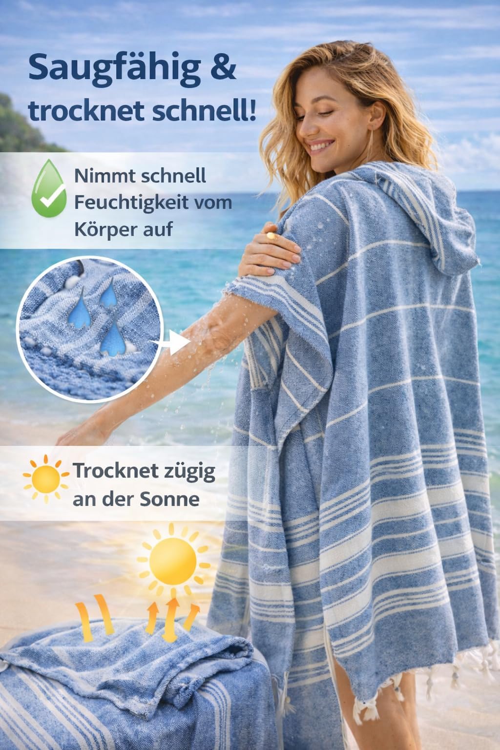 ELY PARKER Poncho de plage pour femme - 100 % coton - Serviette de plage et robe de plage - Poncho de bain Pestemal avec capuche - Léger et séchage rapide pour sauna, plage et piscine - Bleu