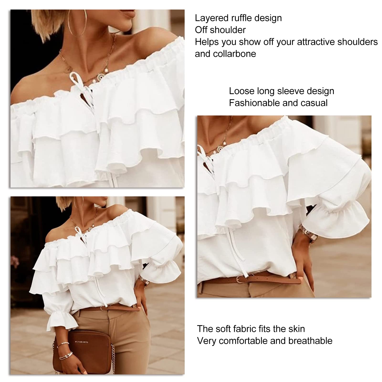 GOTOTOP Schulterfrei Oberteile 3/4 Geschichtete Rüschenärmel Rückenfrei T-Shirts Bluse Tops(L-Weiß)