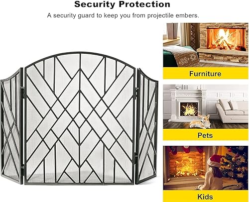 Miniatura 5 de MTSON Pantalla de chimenea plegable de 3 paneles para chimenea, decoración contemporánea, independiente, cubierta de rejilla transparente, protector