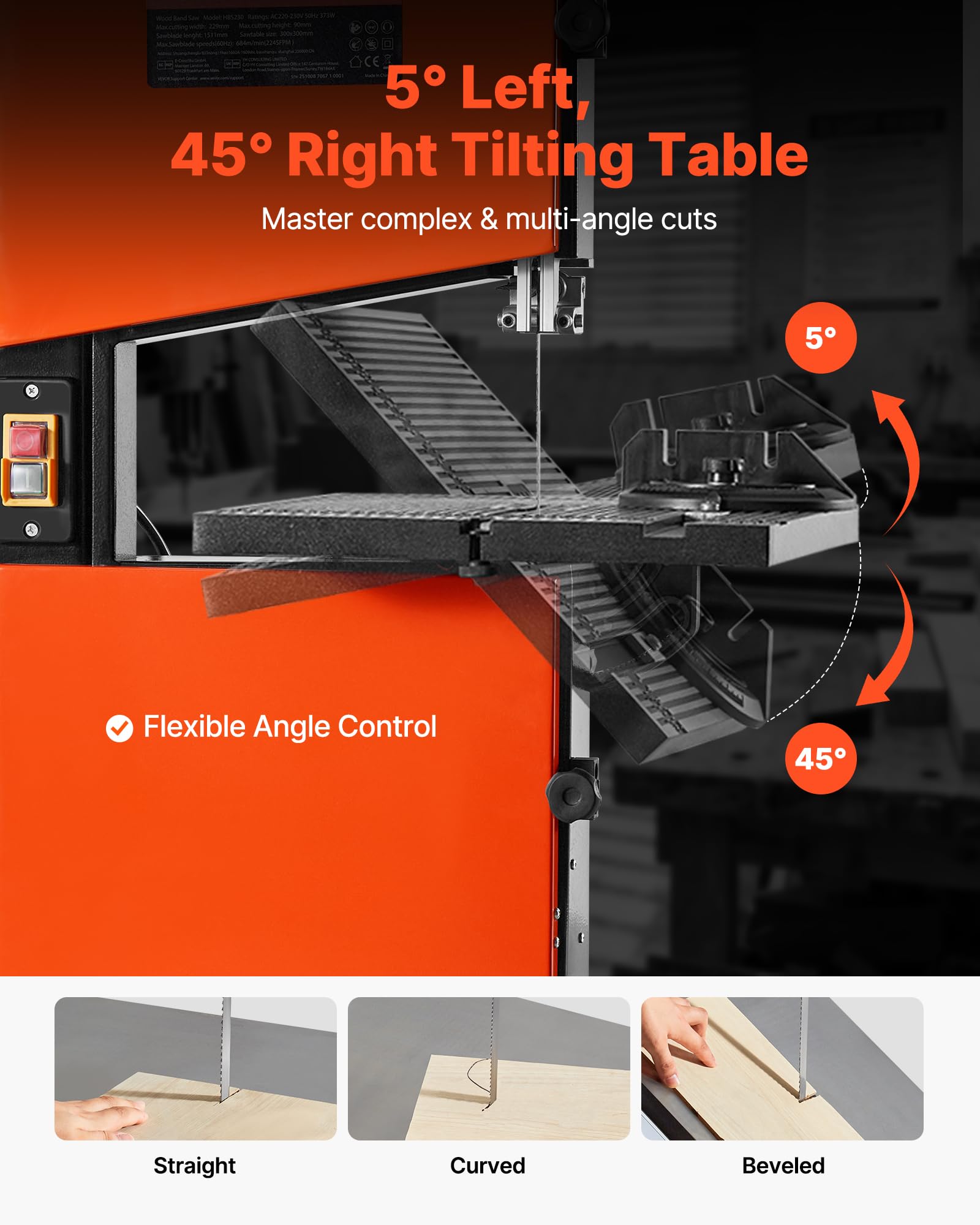 VEVOR Sierra de Cinta para Madera con Motor de 373 W, Altura de Corte de 90 mm, Ancho de Corte de 229 mm, Mesa de Aluminio Fundido de 300 x 300 mm, con Luz de Trabajo de 360°, para Carpintería
