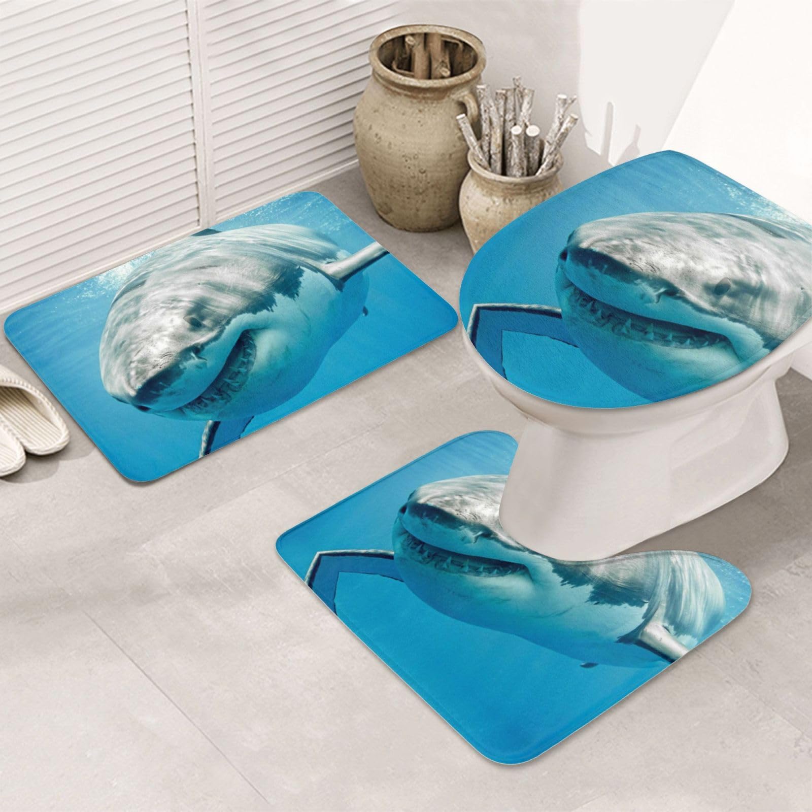 Tapis de salle de bain requin : lot de 3 pièces avec contour WC U et couvercle