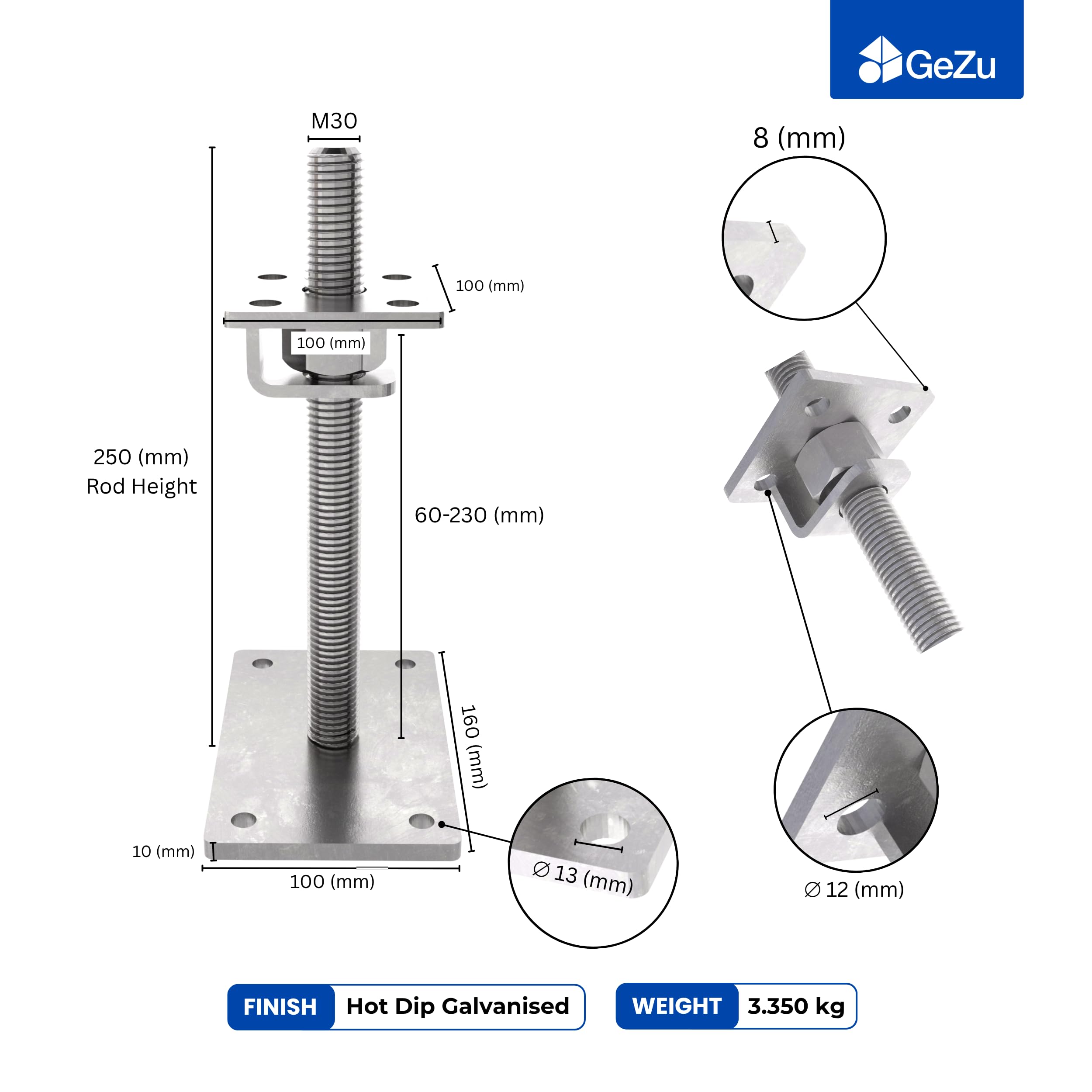 GeZu Impex Soporte Ajustable para Poste 100 x 100 mm Galvanizado en Caliente Juego de 4 Soportes de Ajuste de Altura Base Elevada