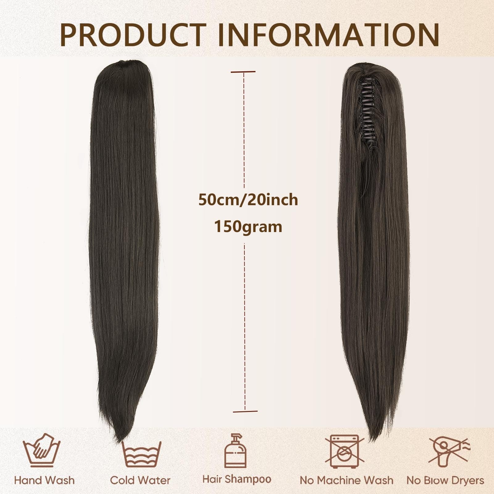 Cybelleza 20inch Ponytail Hair Extensions Straight Ponytail Claw Jaw on Long Straight Pony Tails Clip in Hair Extensions Synthetic Hair pieces for Women Dark Brown - Image 4