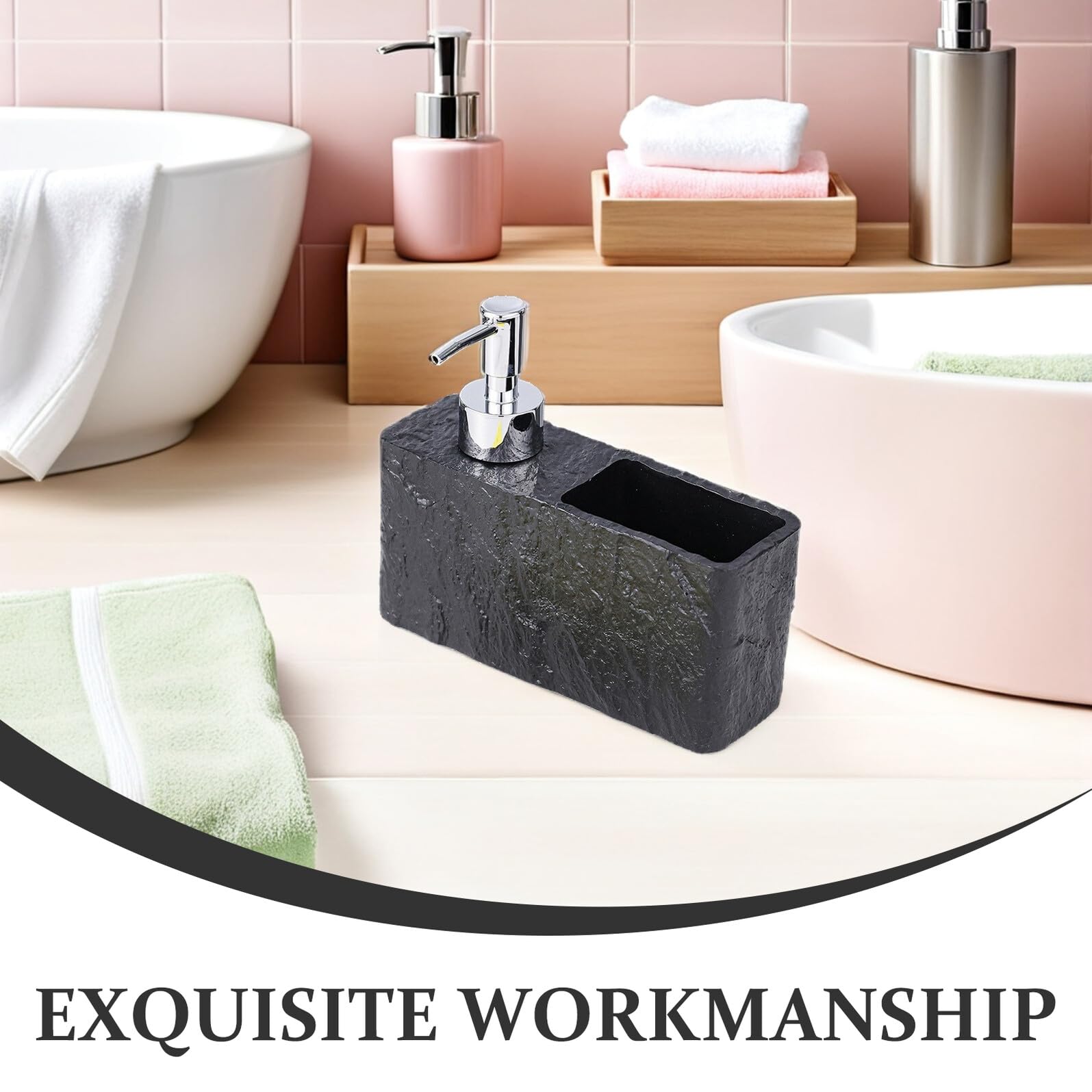 Cabilock Dispensador de Jabón de Cocina Rellenable con Soporte para Esponja para Encimera de Baño Dispensador de Jabón de Manos de Resina con Textura de Roca para Lavavajillas