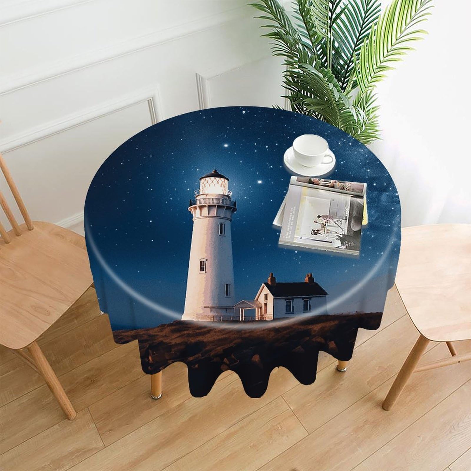 MUSM 60 Inch Lighthouse Under Starry Night Sky Round Tablecloth Wipeable Washable Table Cover for Kitchen and Dining Room Decorative Table Cloth for Party Holiday Picnic Outdoor