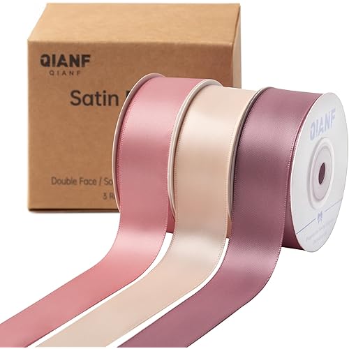 QIANF Dusty Rose Double Face Satin Ribbon 1 Inch x 45 Yards Champagne Pink/Rose Gold/Mauve Fabric Ribbon for Gift Wrapping, Flower Bouquets, Bows Making, Wedding Decor (3 Rolls *15Yd)