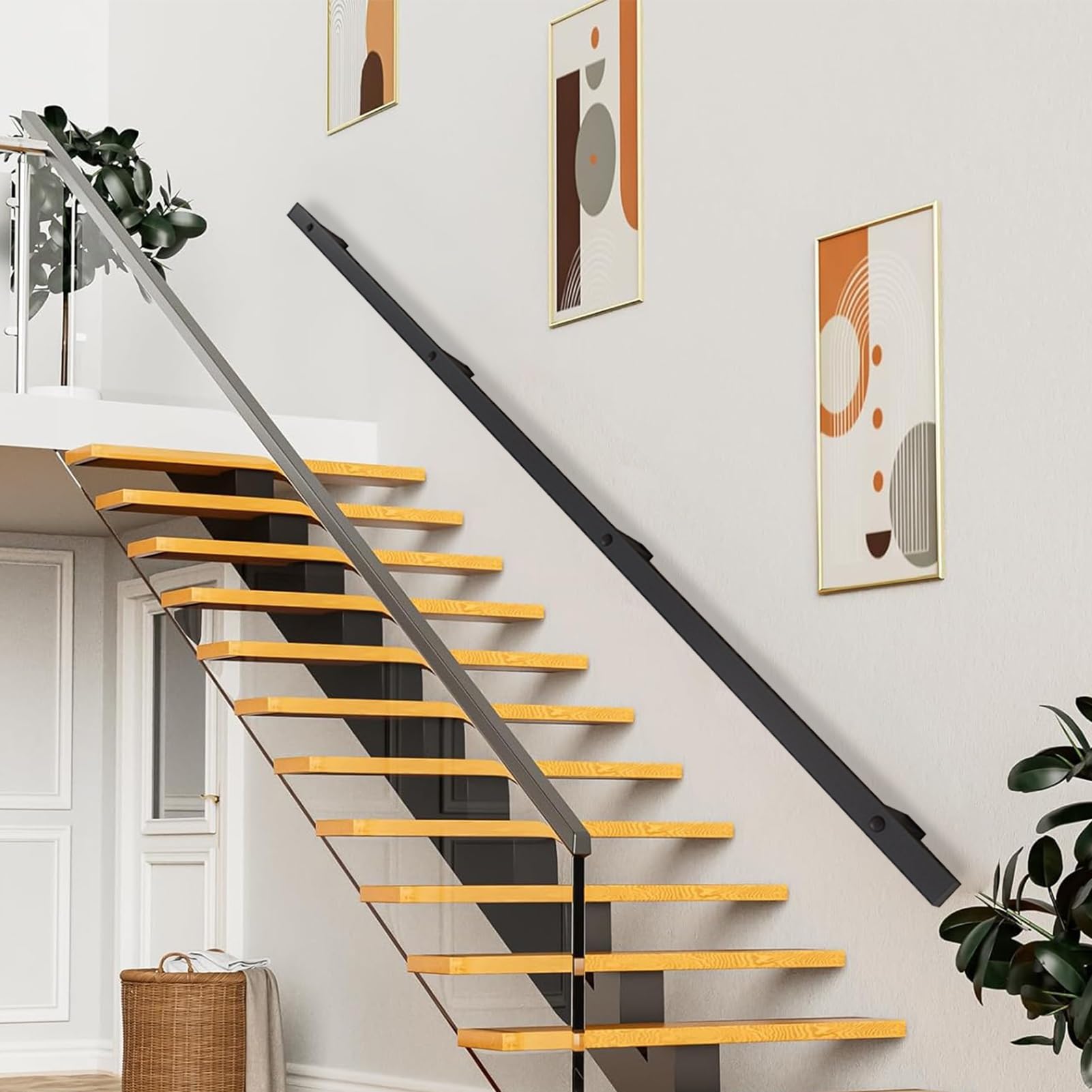 Rampe d'escalier en métal noir 1m à 3m avec support mural de sécurité pour marches
