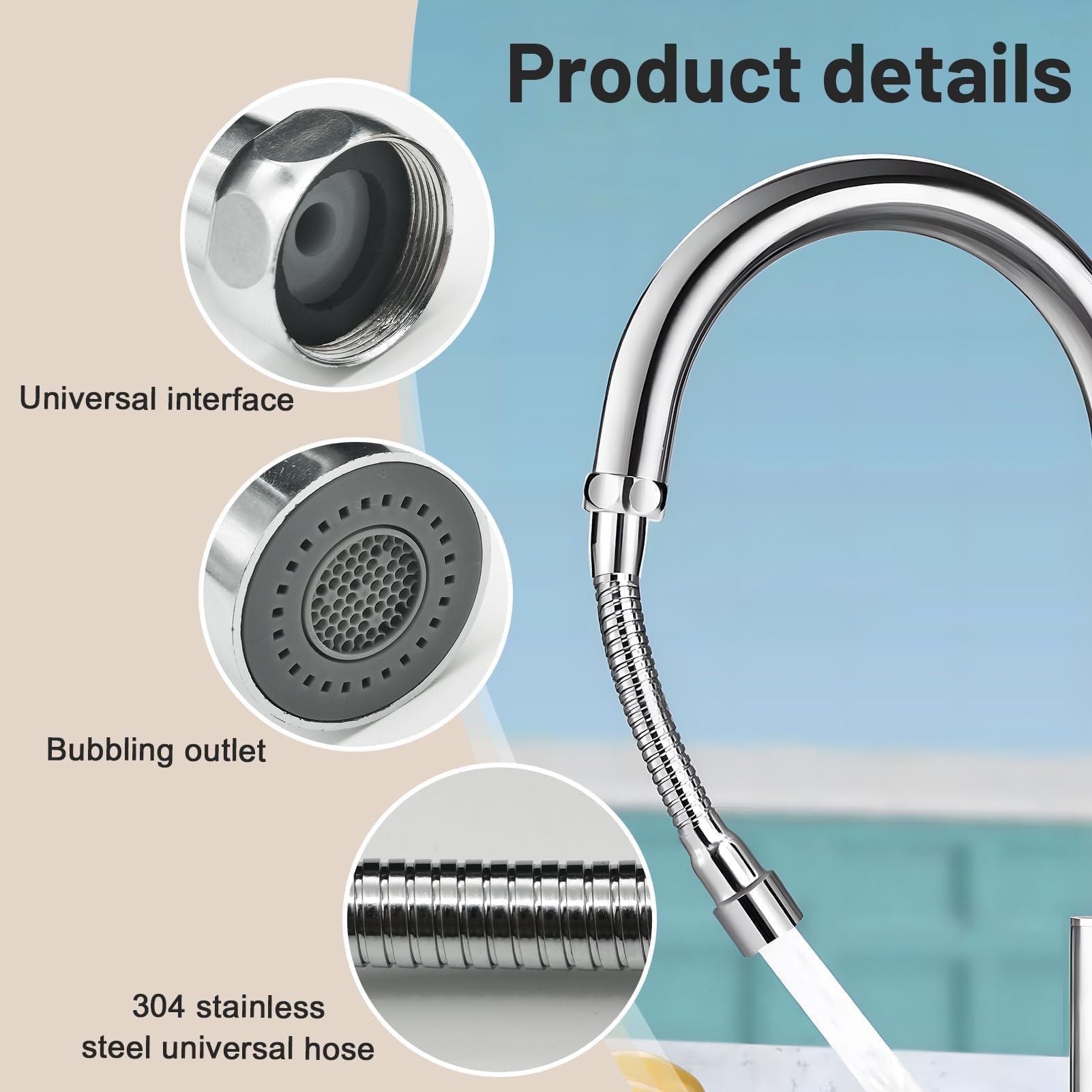 Extensor Grifo Cocina Ajustable de M22 20cm con Aerador Flexible 360°, Dos Modos de Pulverización, Rallonge de Acero Inoxidable para Ahorro de Agua, Diseño Universal y Elegante