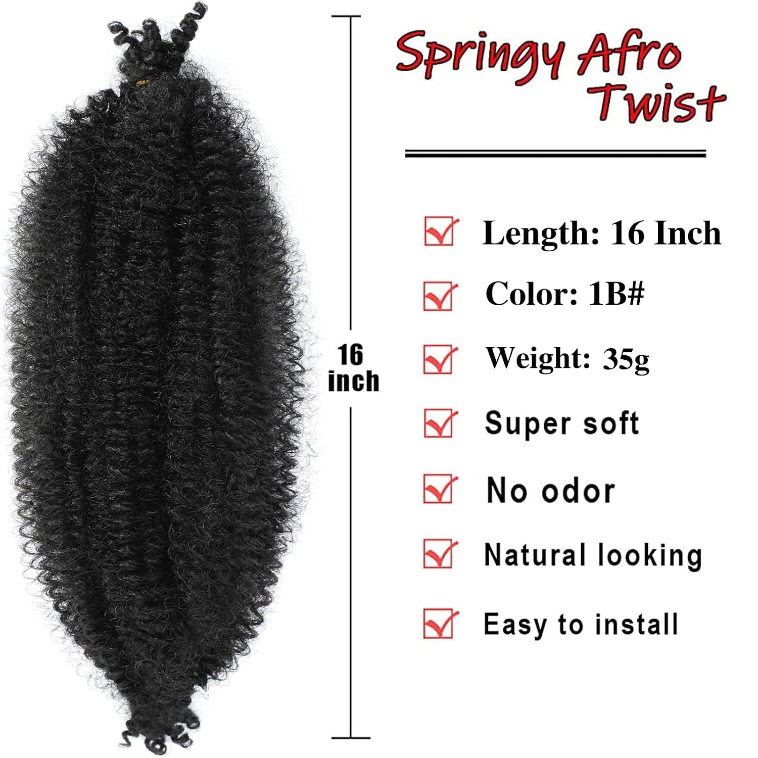 8 Packs Springy Afro Twist Hair 16 inch Marley Twist Braiding Hair Pre-Separated Braiding Hair for Distressed Faux Locs Spring Twist Hair Extensions for Women (1B, 16 Inch (Pack of 8))