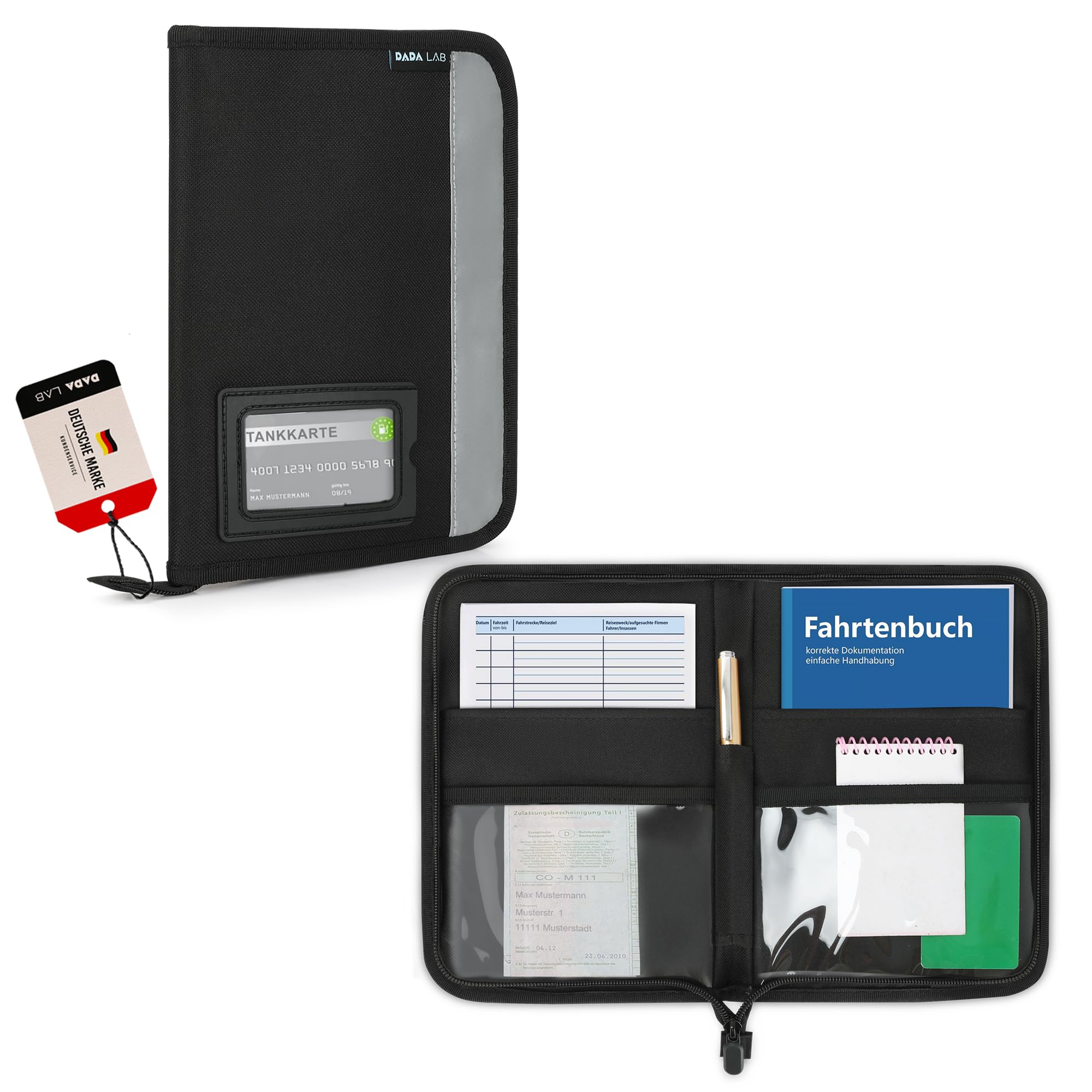 Carpeta para coche A5, guantera, 4 compartimentos, rayas reflectantes, compartimento para tarjetas separado, carpeta para documentos, color negro