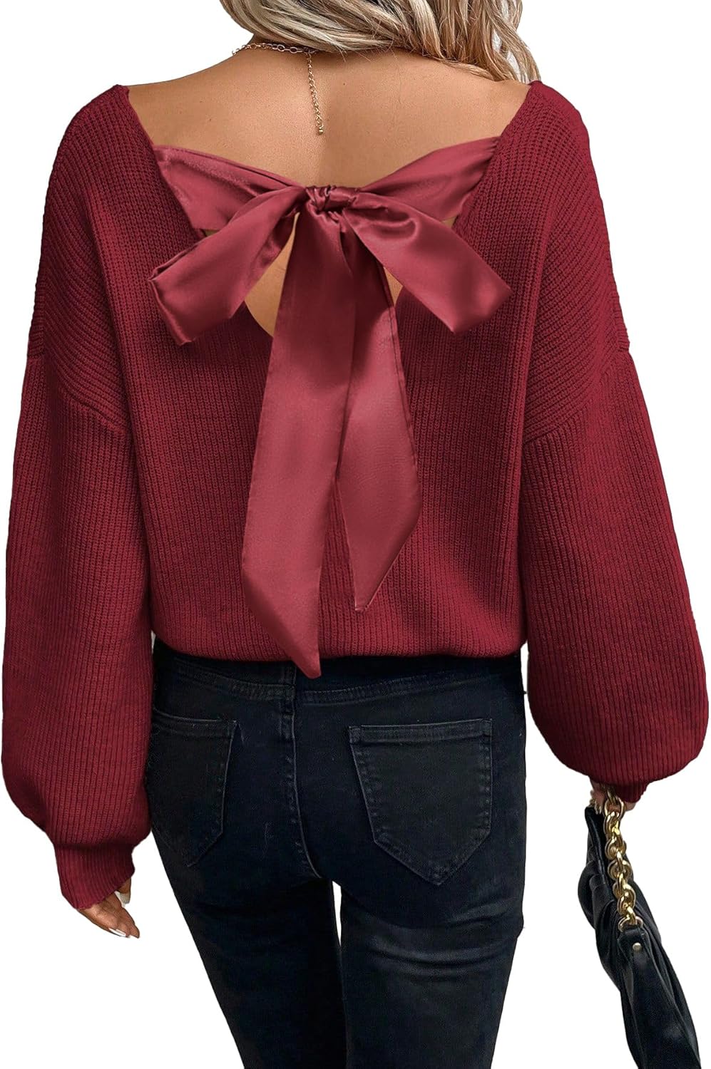 V Neck Sweaters Woman,Off The Shoulder Sweater Top,Fitted Long Sleeve Shirt Women,Tie Back Sweater,Knit Sweater