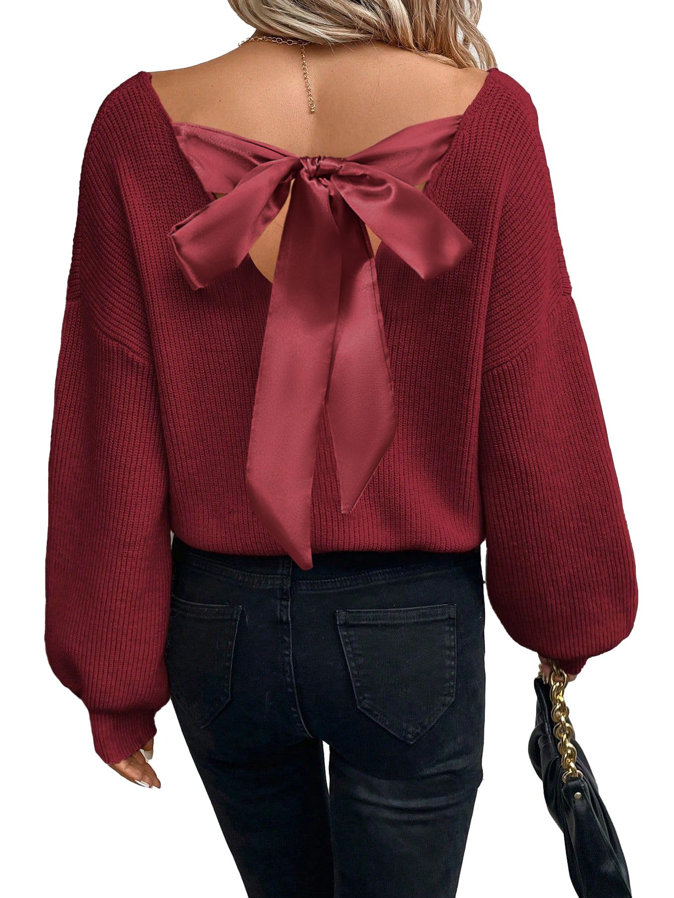 Photo 1 of V Neck Sweaters Woman,Off The Shoulder Sweater Top,Fitted Long Sleeve Shirt Women,Tie Back Sweater,Knit Sweater,Burgundy