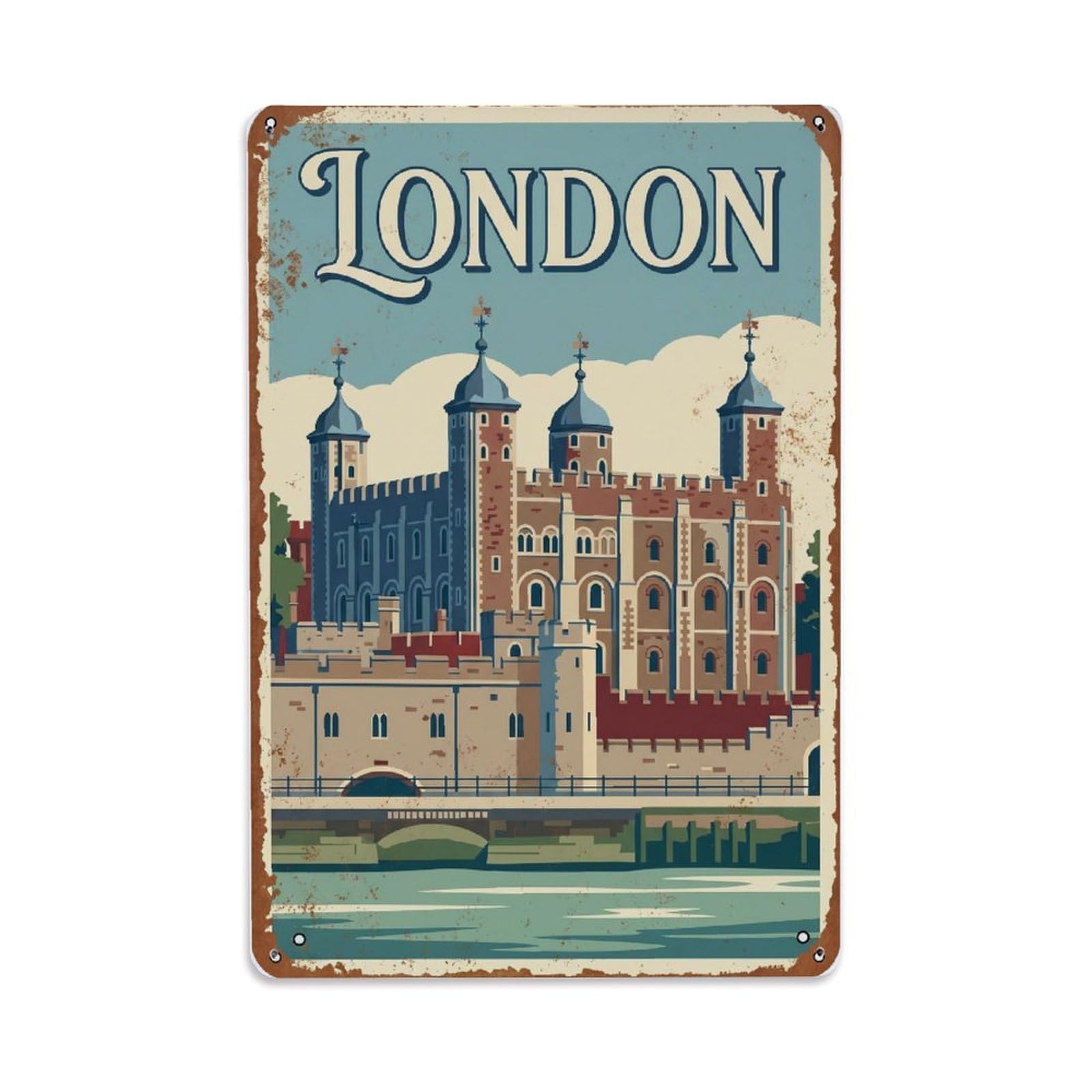 Vintage Travel London Tower of London Historic Rusted England Metal Tin Sign Plaque Wall Decor for Cafe, Club Bar, Office, Home Garden Metal Poster 8x12Inch